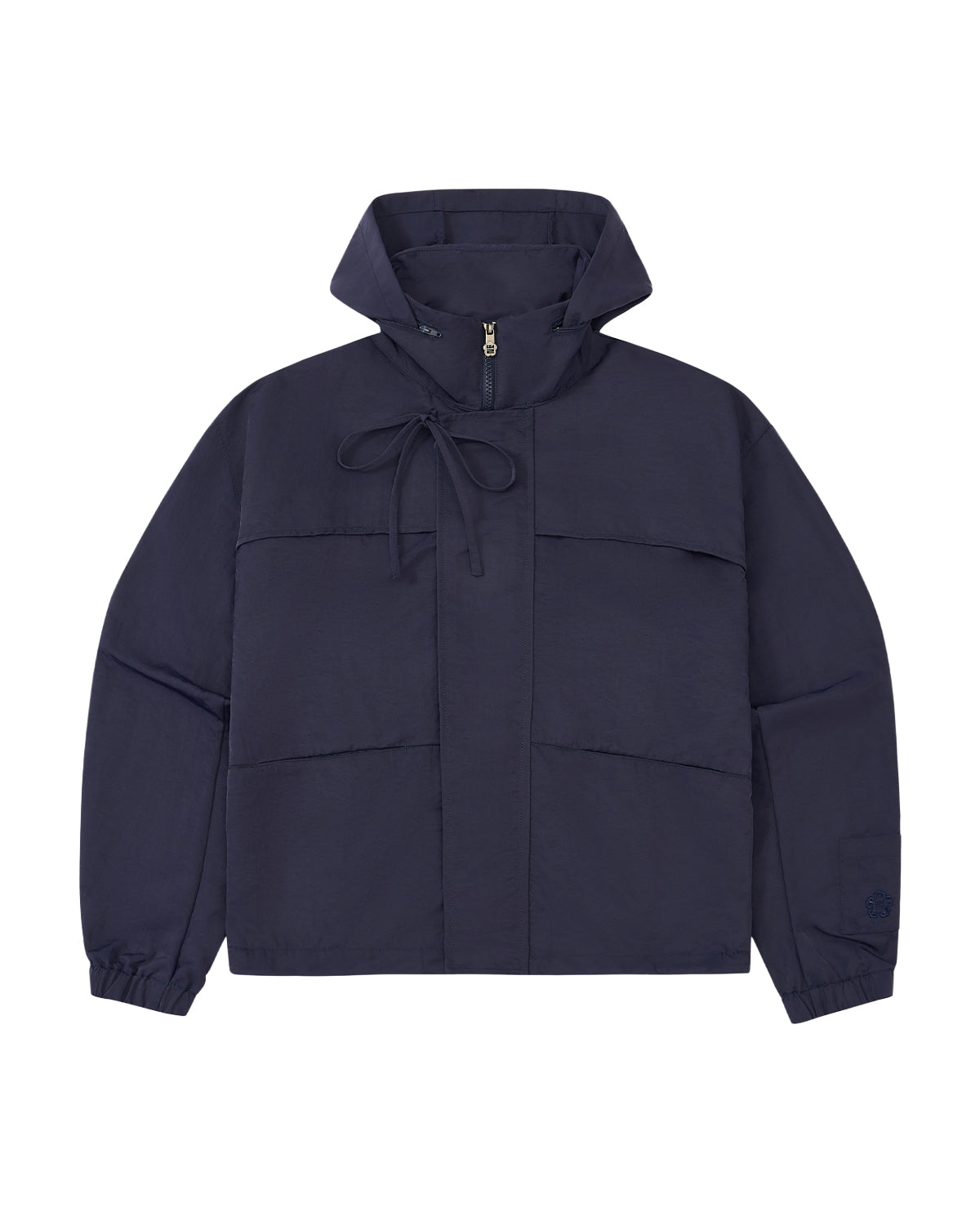 A dark navy blue hooded jacket with a drawstring neckline, front zipper, and large front pockets, shown against a plain white background.
