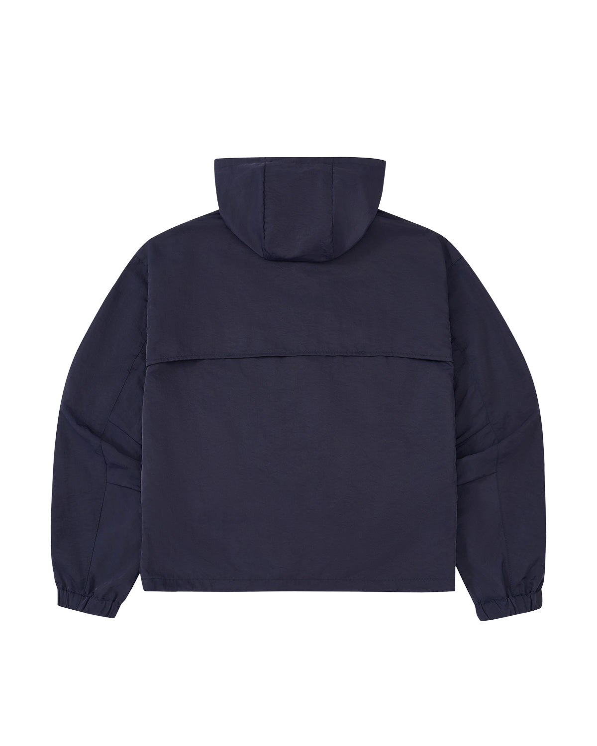 A dark navy hooded jacket shown from the back, featuring a wide horizontal seam across the upper back and elasticized cuffs, displayed on a solid white background.