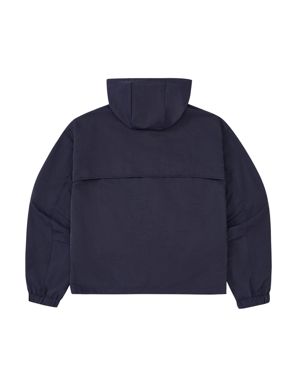 A dark navy hooded jacket shown from the back, featuring a wide horizontal seam across the upper back and elasticized cuffs, displayed on a solid white background.