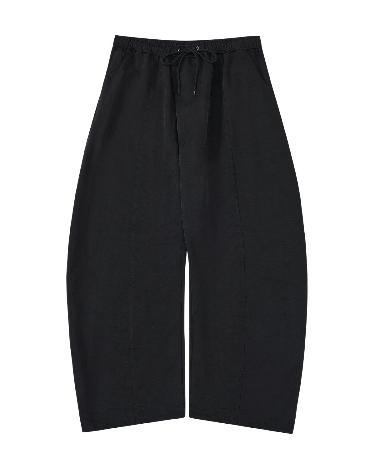 Black wide-leg cropped pants with an elastic drawstring waist, shown flat against a plain white background.