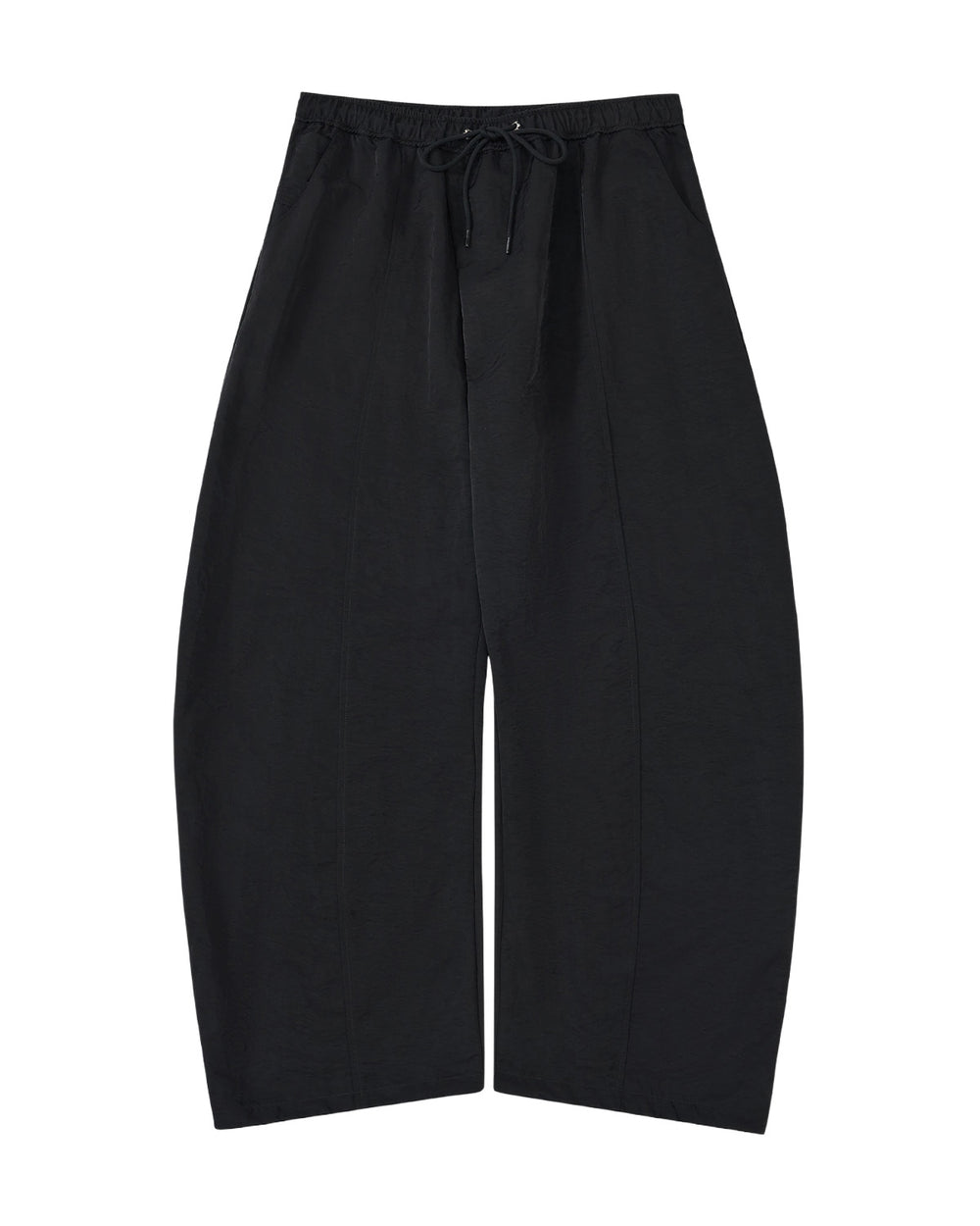 Black wide-leg cropped pants with an elastic drawstring waist, shown flat against a plain white background.