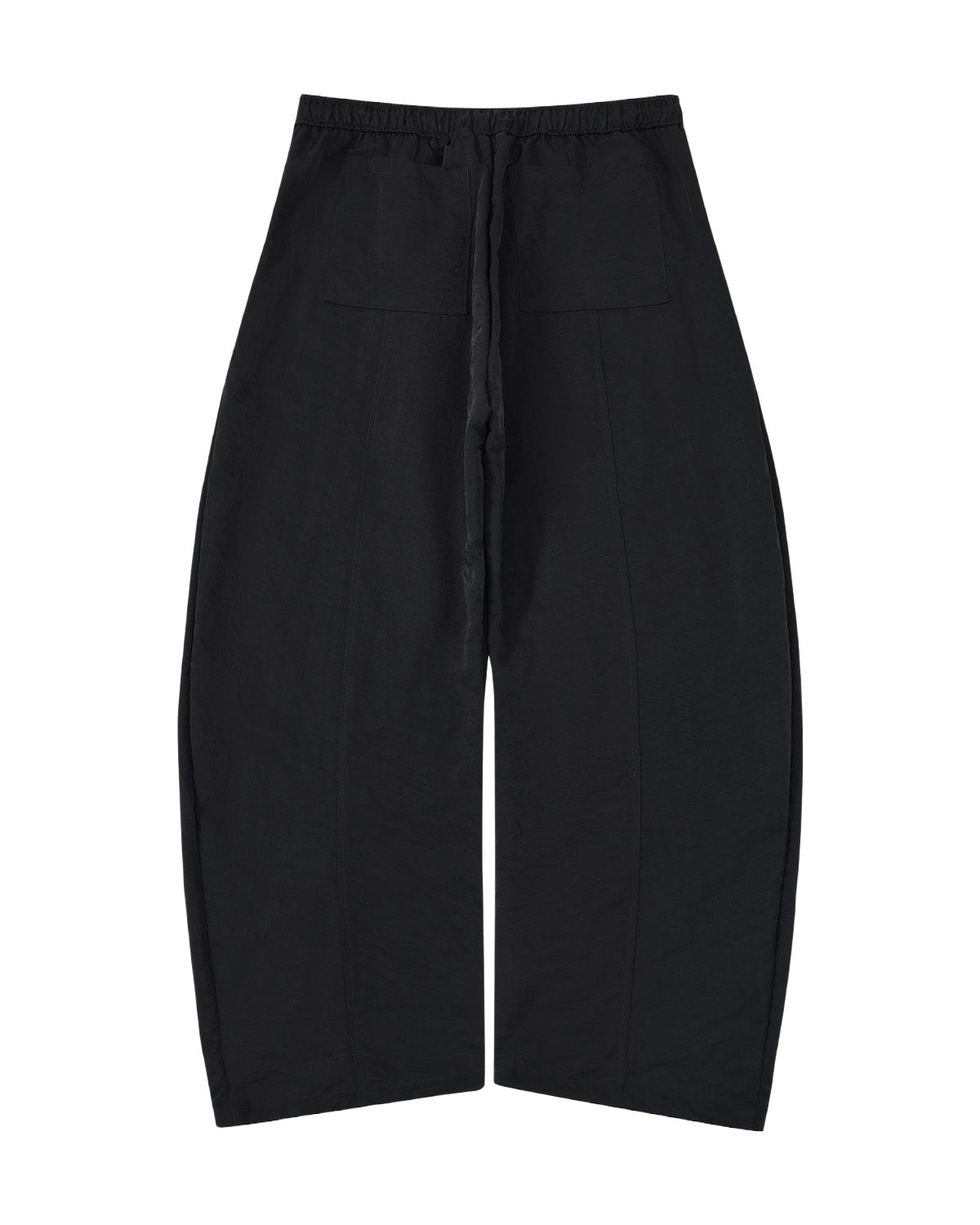 Black wide-leg cropped pants with an elastic waistband and drawstring, shown flat on a white background.