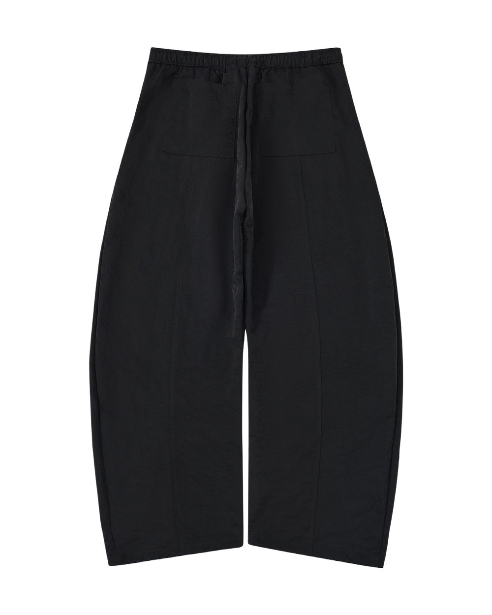 Black wide-leg cropped pants with an elastic waistband and drawstring, shown flat on a white background.