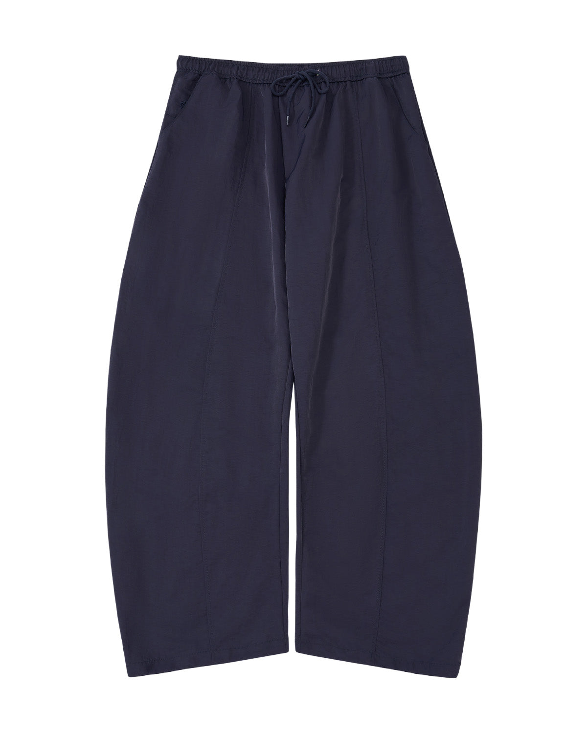 A pair of dark navy wide-leg cropped pants with an elastic drawstring waist, shown flat against a plain white background.