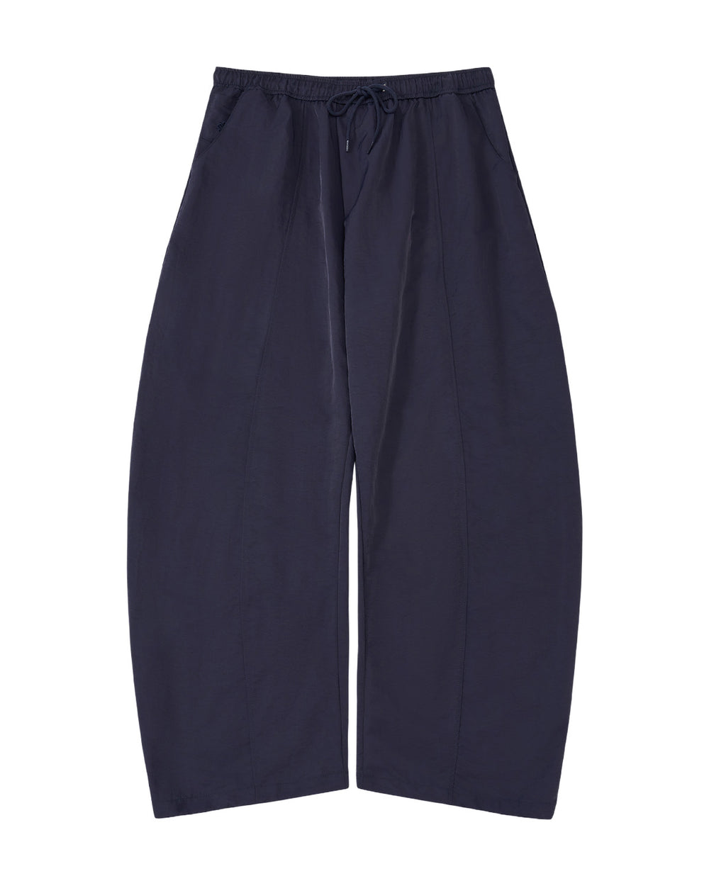 A pair of dark navy wide-leg cropped pants with an elastic drawstring waist, shown flat against a plain white background.