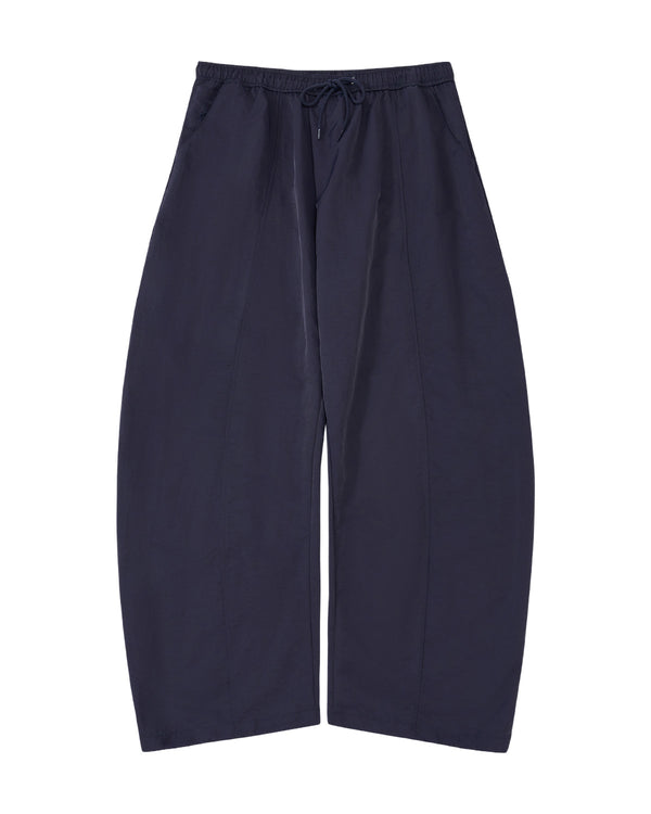 A pair of dark navy wide-leg cropped pants with an elastic drawstring waist, shown flat against a plain white background.