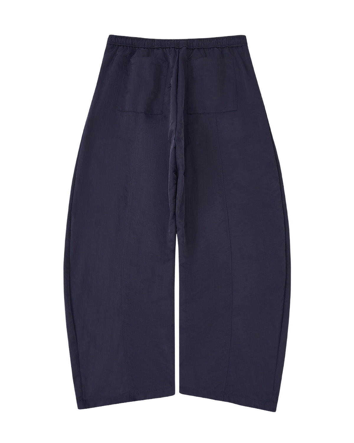 A pair of dark navy wide-leg cropped pants with an elastic waistband and a front tie detail, shown against a plain white background.