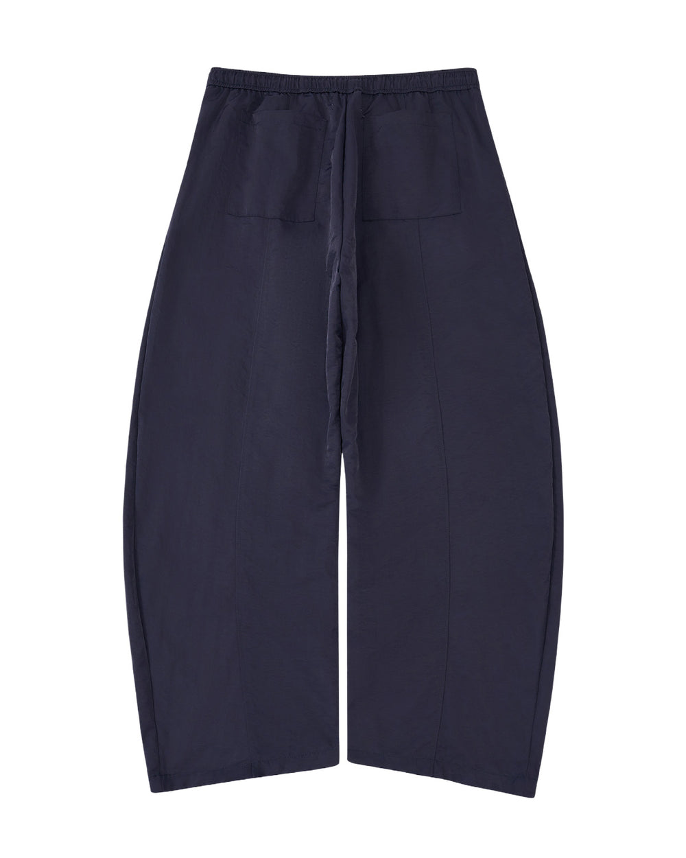 A pair of dark navy wide-leg cropped pants with an elastic waistband and a front tie detail, shown against a plain white background.