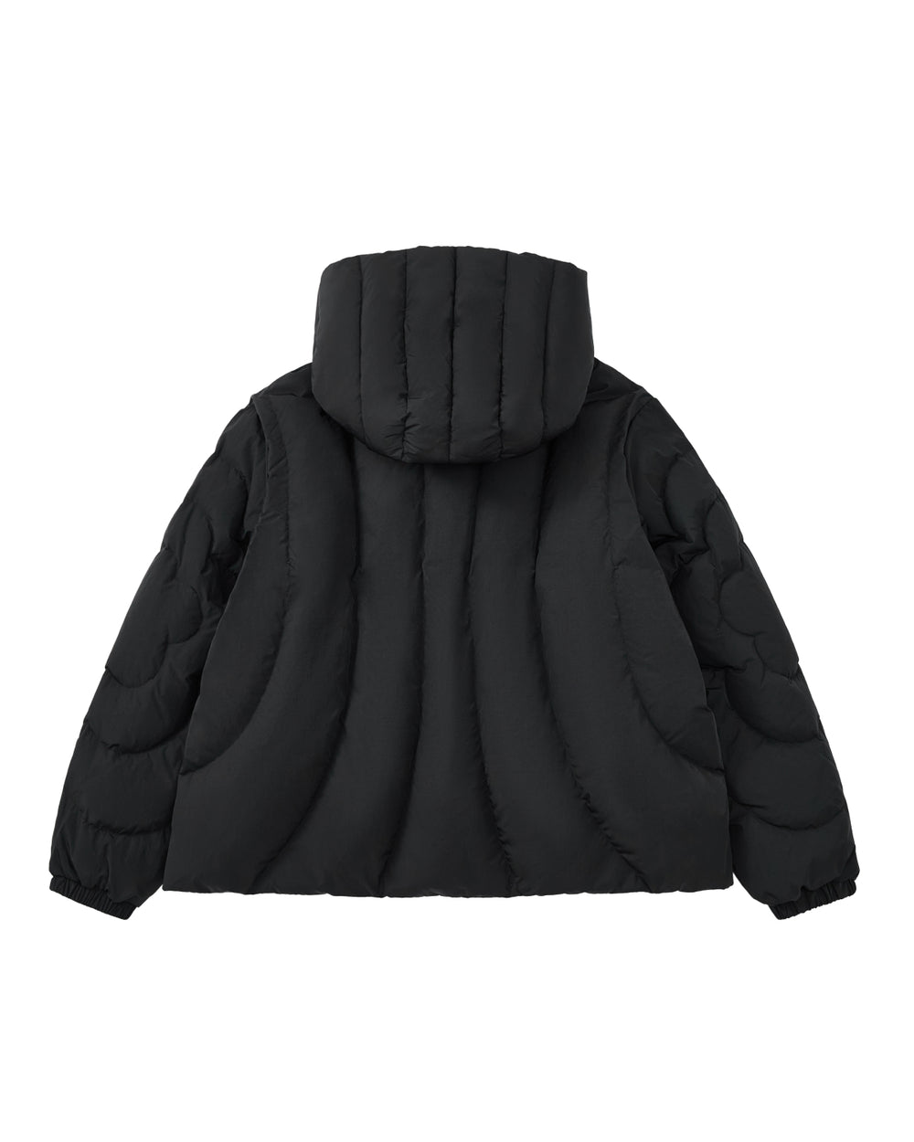 The Sundae School BLACK HEAVYWEIGHT MOCHI PUFFER is a black hooded puffer jacket, displayed from the back. It features curved stitched patterns, long sleeves, and a plush duck down fill for exceptional warmth.