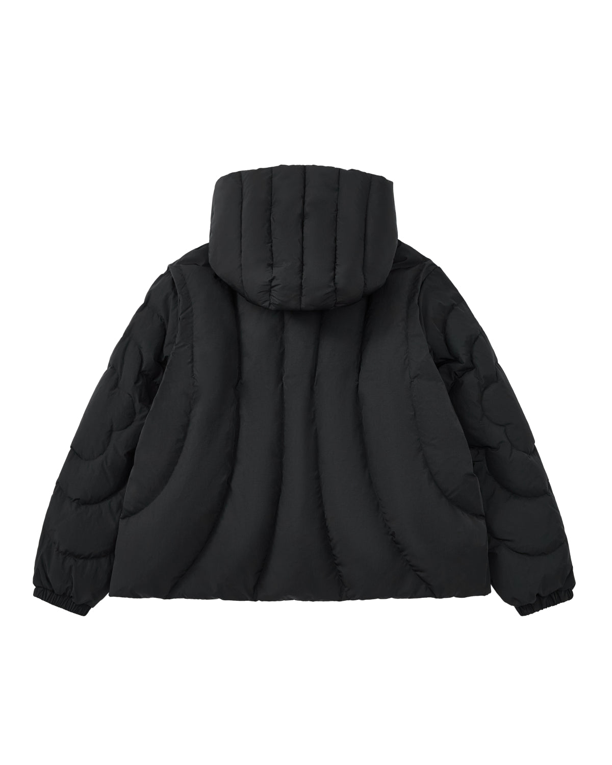 The Sundae School BLACK HEAVYWEIGHT MOCHI PUFFER is a black hooded puffer jacket, displayed from the back. It features curved stitched patterns, long sleeves, and a plush duck down fill for exceptional warmth.