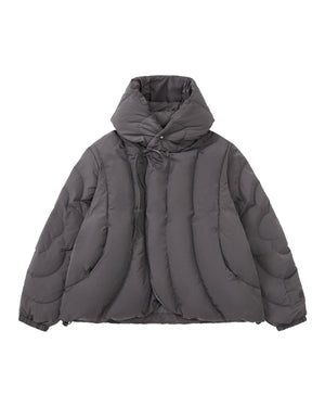 The CHARCOAL HEAVYWEIGHT MOCHI PUFFER by Sundae School—a gray puffer jacket with a hanbok-inspired silhouette, high padded collar, hood, and asymmetrical front closure—is displayed on a white background.