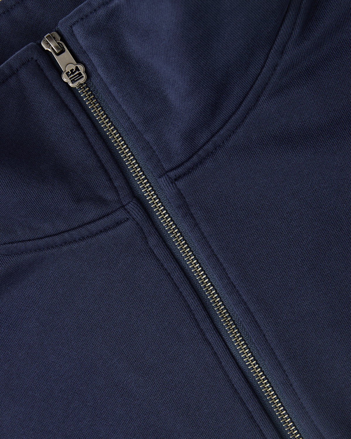 Close-up of the Sundae School NAVY HESTER QUARTER ZIP, highlighting navy fabric, prominent stitching, and metallic quarter zip—evoking a vintage cotton pullover style.
