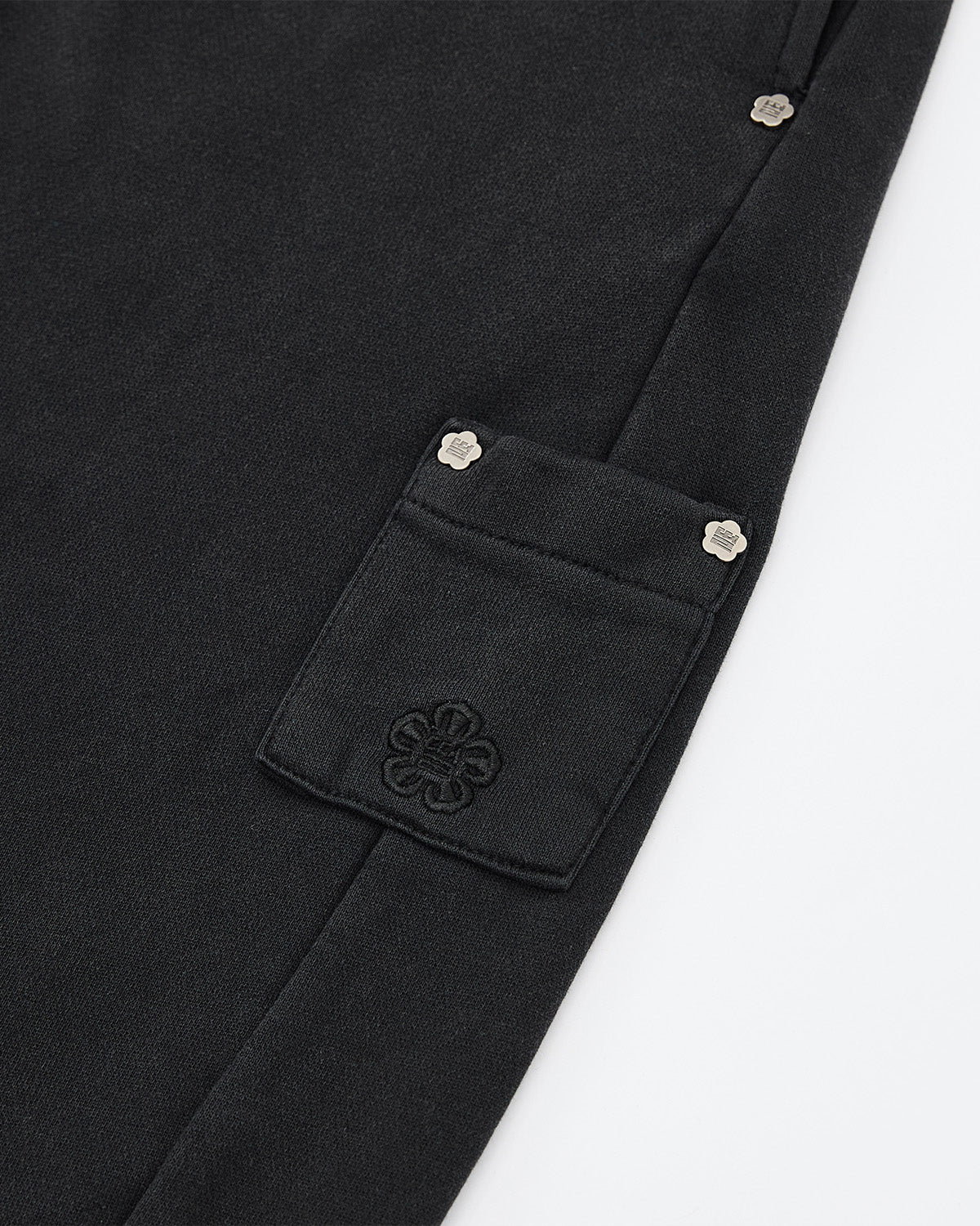 Close-up of Sundae School's FADE BLACK WRAP SWEATBAJI, a hanbok-inspired black garment with a textured finish, rectangular pocket featuring embroidered flowers, and metal floral-shaped buttons on the flap and waistband. Shown on white background.