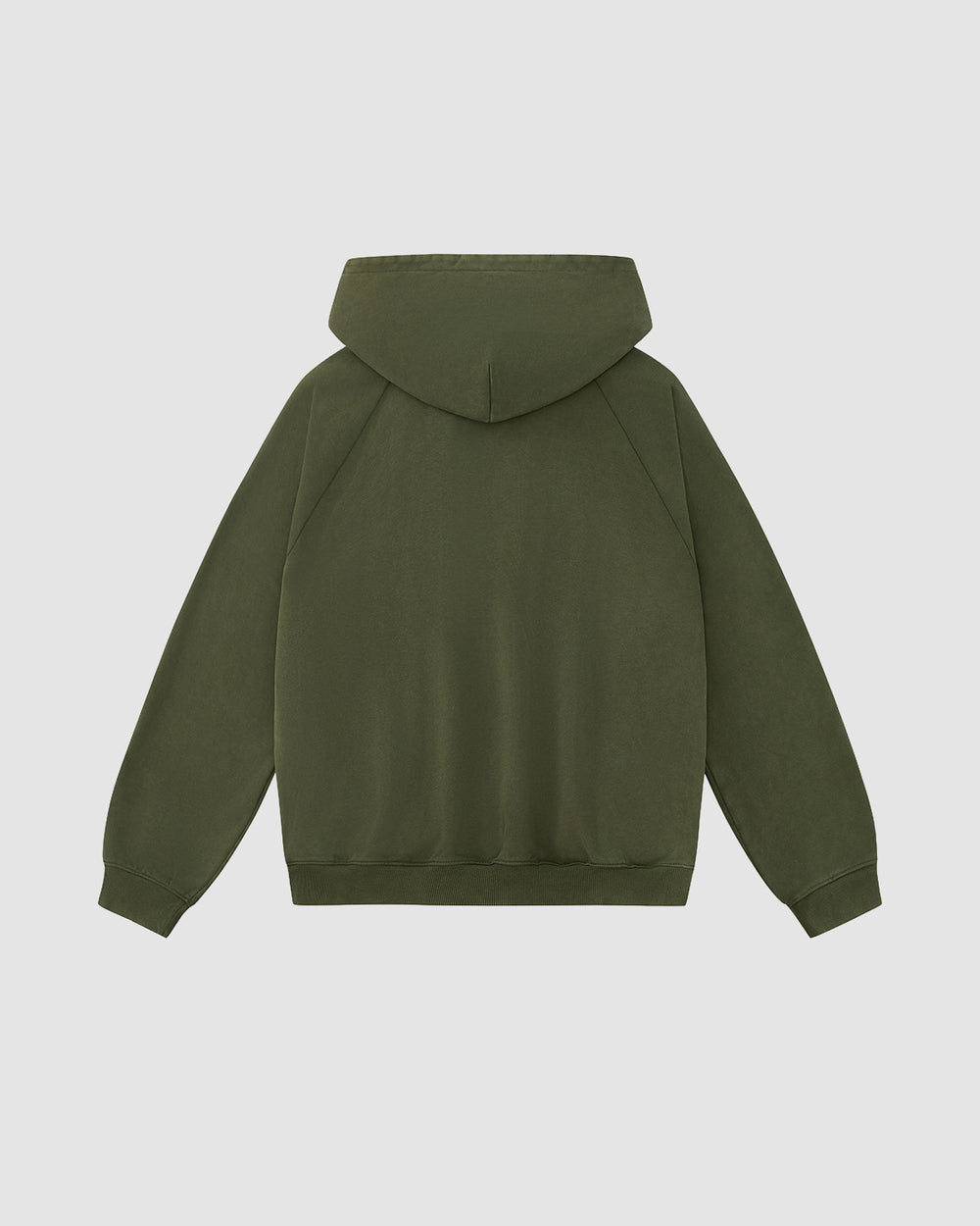 The Sundae School KHAKI HANBOK HOODIE is shown from the back on a light gray background. This olive green hoodie features long sleeves, a hood, ribbed cuffs and hem, and a signature stash pocket for convenience.