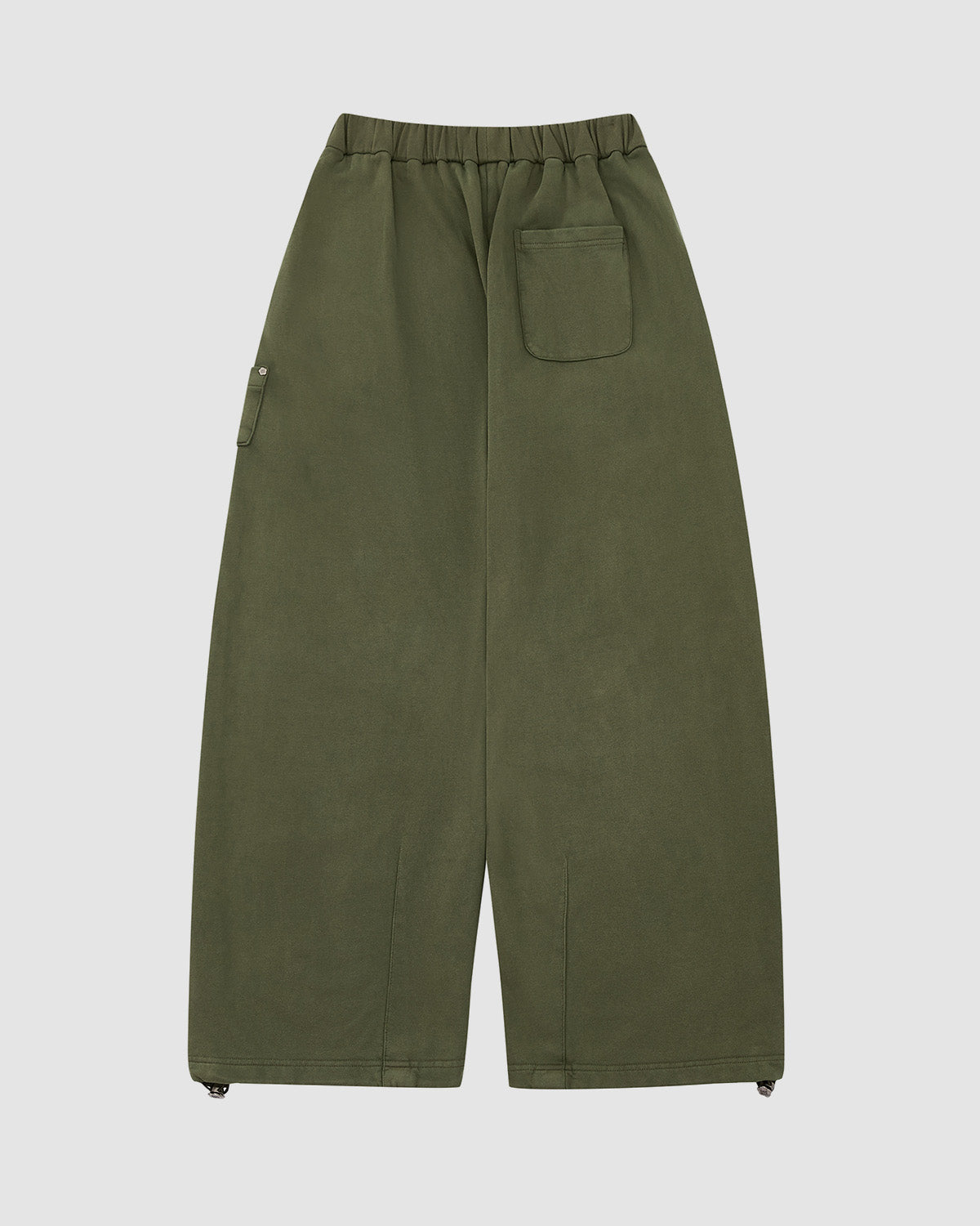 The Sundae School KHAKI WRAP SWEATBAJI are olive green, Hanbok-inspired wide-leg pants with an elastic waistband, back patch pocket, small side pocket, and adjustable cuff drawstrings, shown on a plain white background.