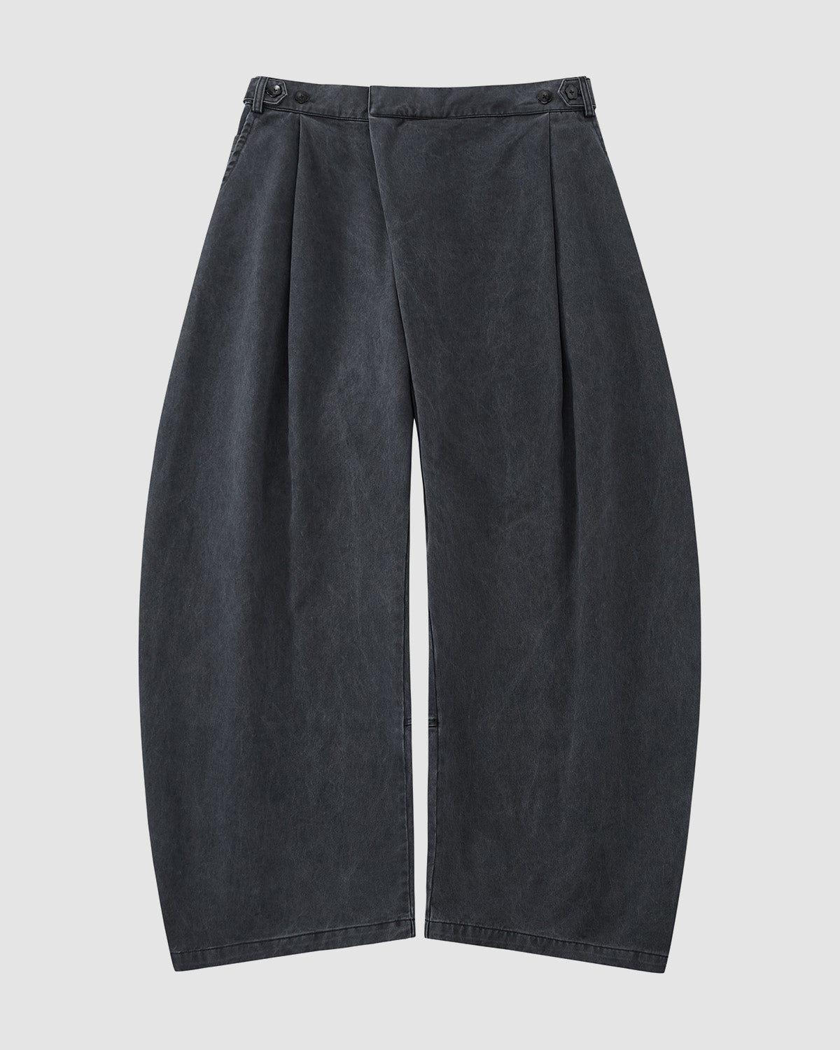 The CHARCOAL HANBOK CHINO PANTS by Sundae School feature a wide-leg, high-waist barrel-fit with front pleats, side button details, and heavy textured fabric for a modern hanbok-inspired silhouette against a plain white background.