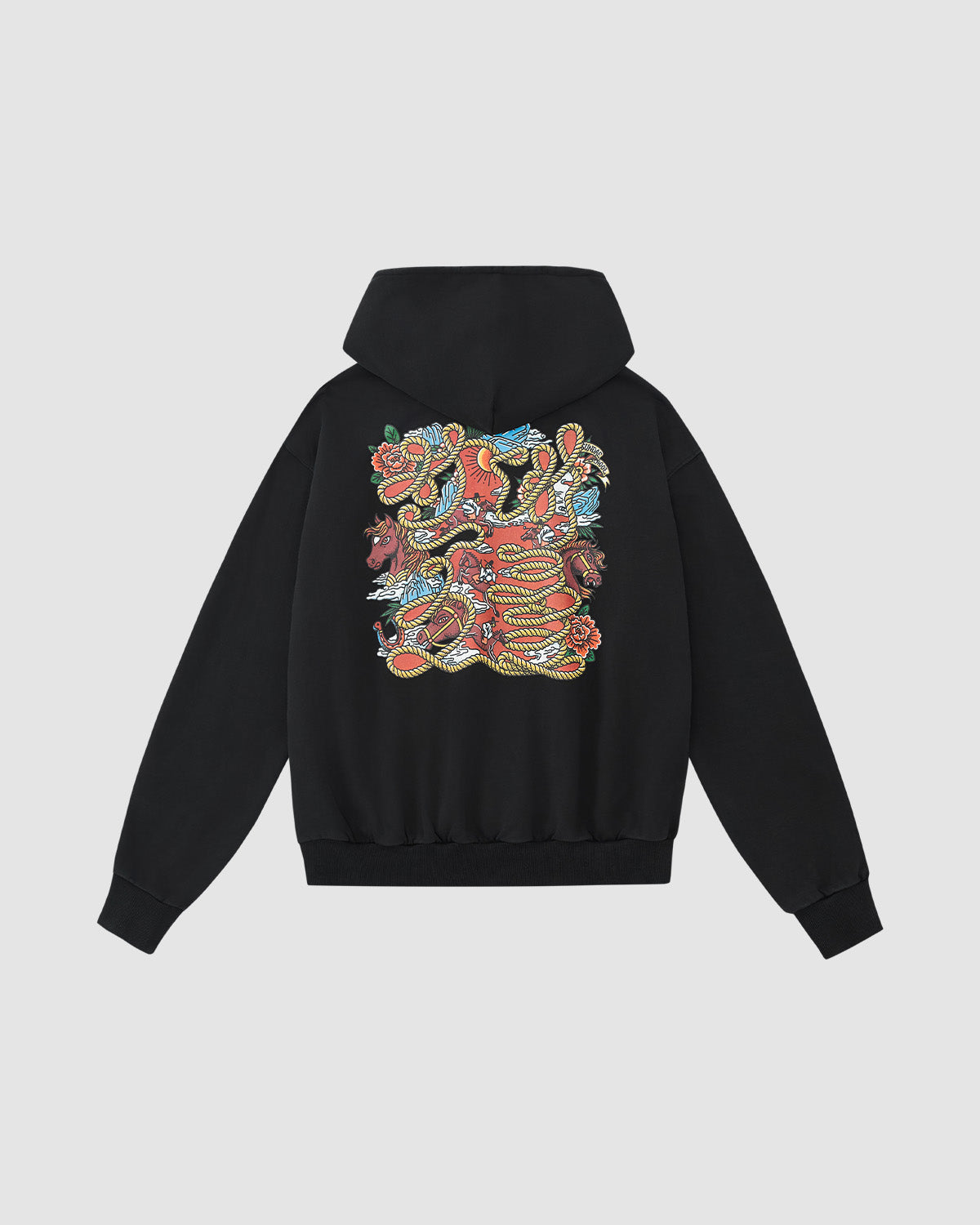 The Sundae School HIGH HORSE LNY HOODIE is a black hoodie with a vibrant, detailed graphic of intertwined snakes and flowers on the back, blending reds, yellows, greens, and blues against the dark fabric.