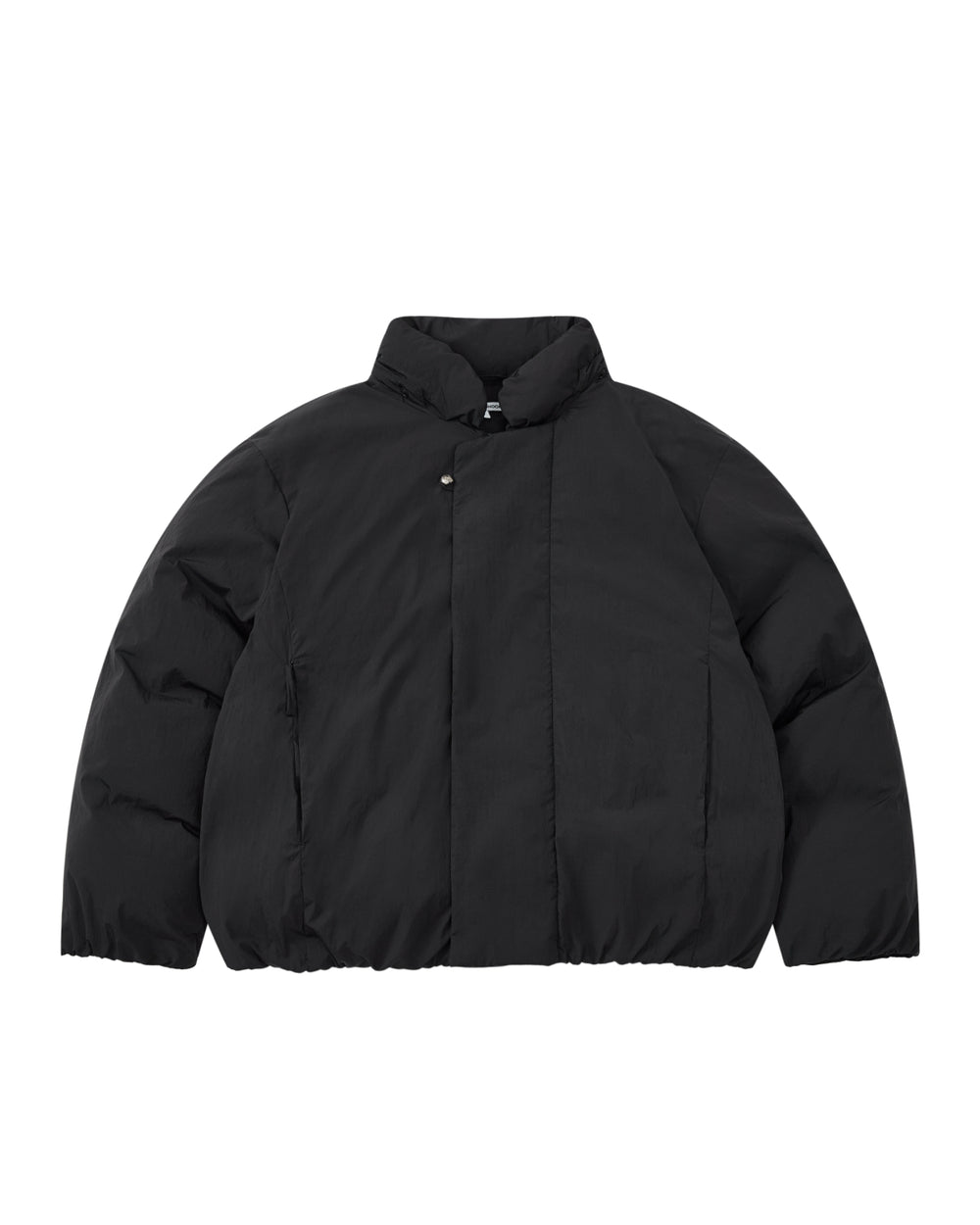The BLACK IBUL DOWN PUFFER by Sundae School is a black puffer jacket featuring a high collar and front snap button closure, displayed on a plain white background.