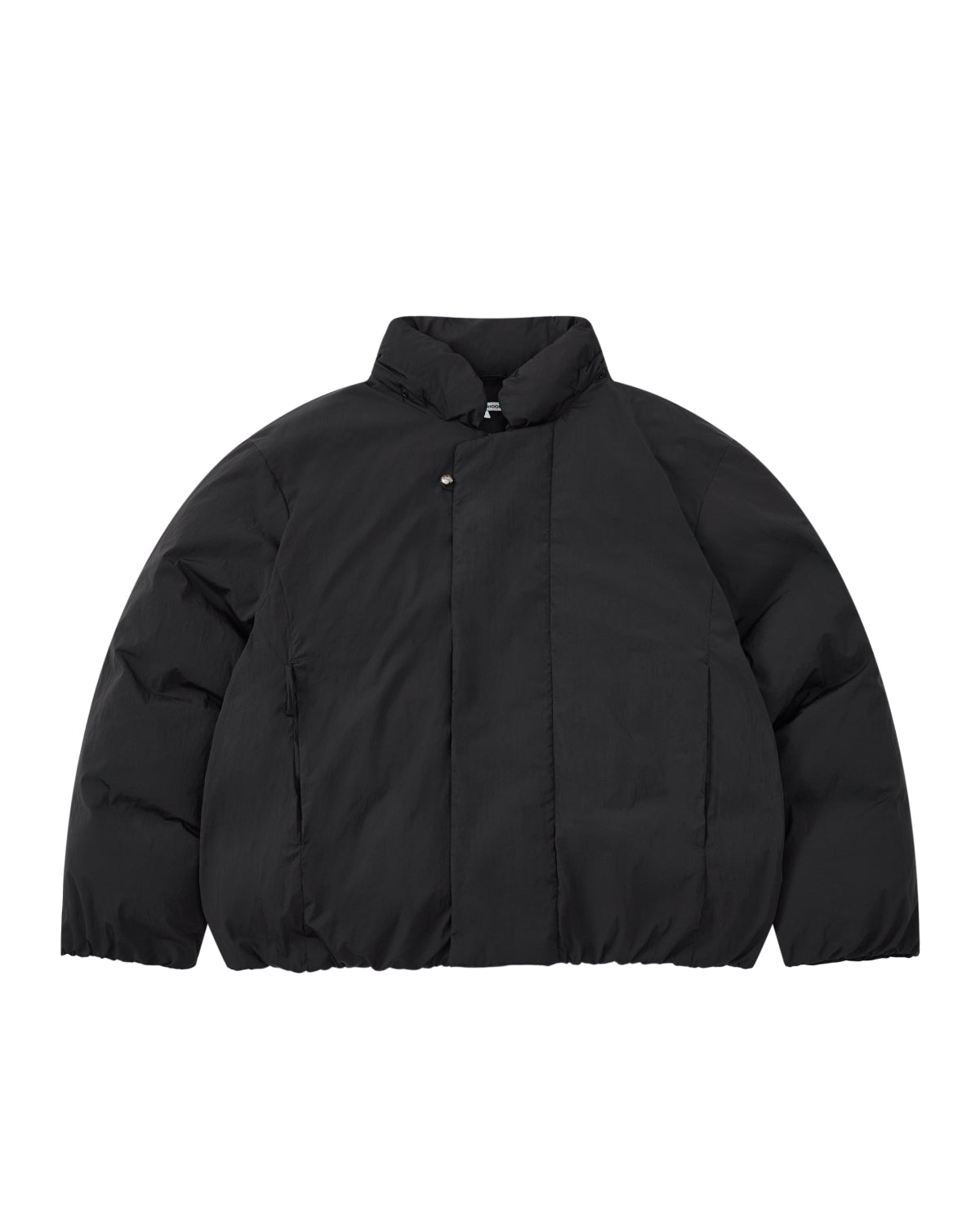 The BLACK IBUL DOWN PUFFER by Sundae School is a black puffer jacket featuring a high collar and front snap button closure, displayed on a plain white background.