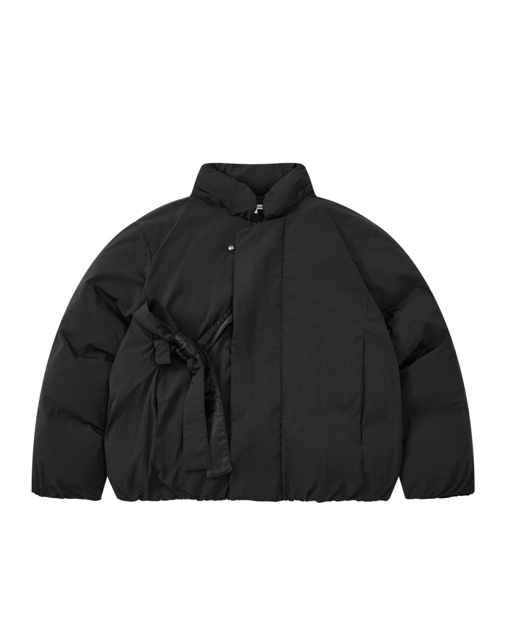 The BLACK IBUL DOWN PUFFER by Sundae School, a black long-sleeve cocoon puffer jacket featuring a high collar and side tie detail, is laid flat on a white background.