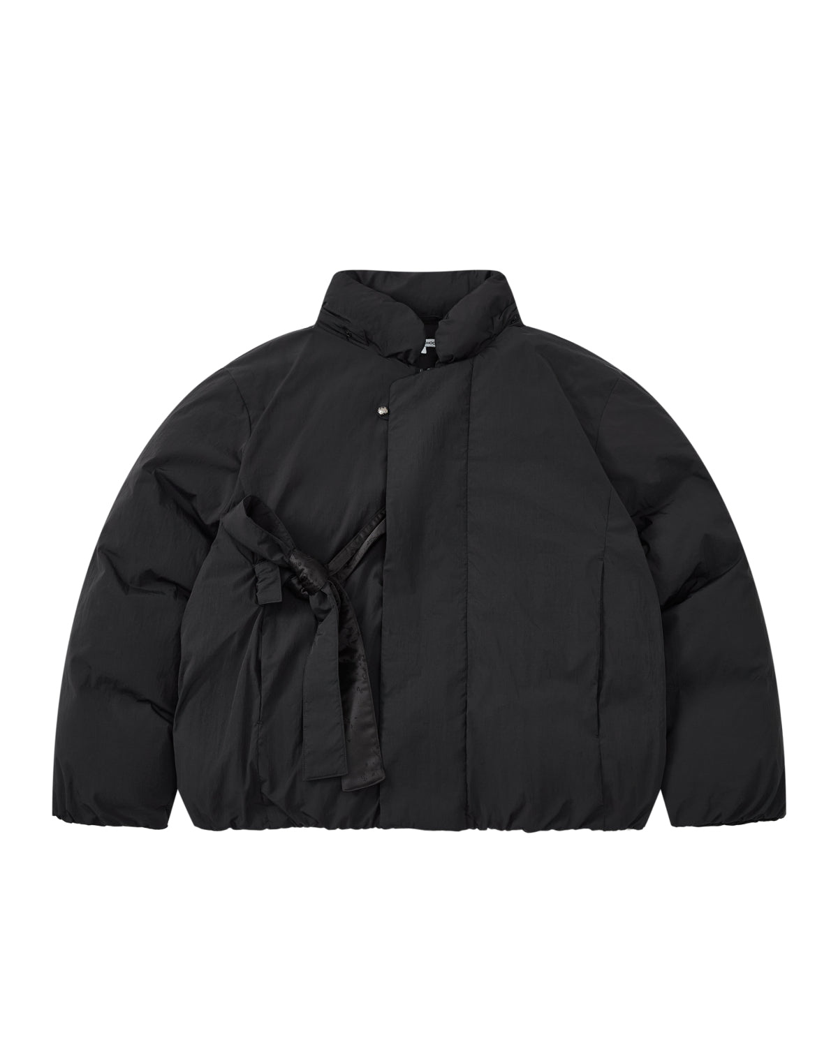 The BLACK IBUL DOWN PUFFER by Sundae School, a black long-sleeve cocoon puffer jacket featuring a high collar and side tie detail, is laid flat on a white background.
