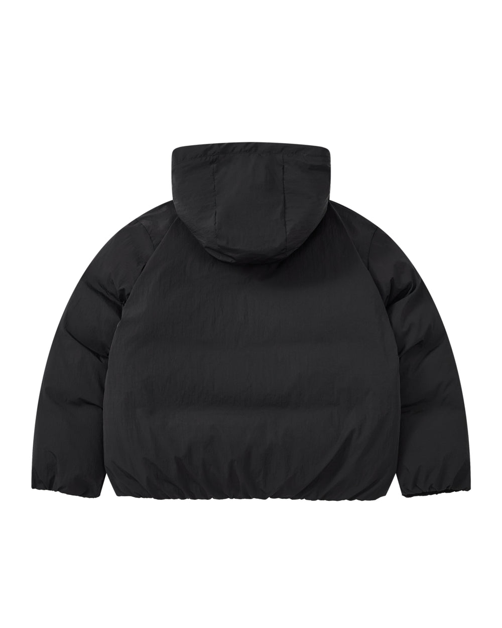 The BLACK IBUL DOWN PUFFER by Sundae School is a black cocoon puffer jacket with a detachable hood, shown from the back. The jacket is plain, with no visible logos or designs, and features long sleeves for a sleek, understated look.