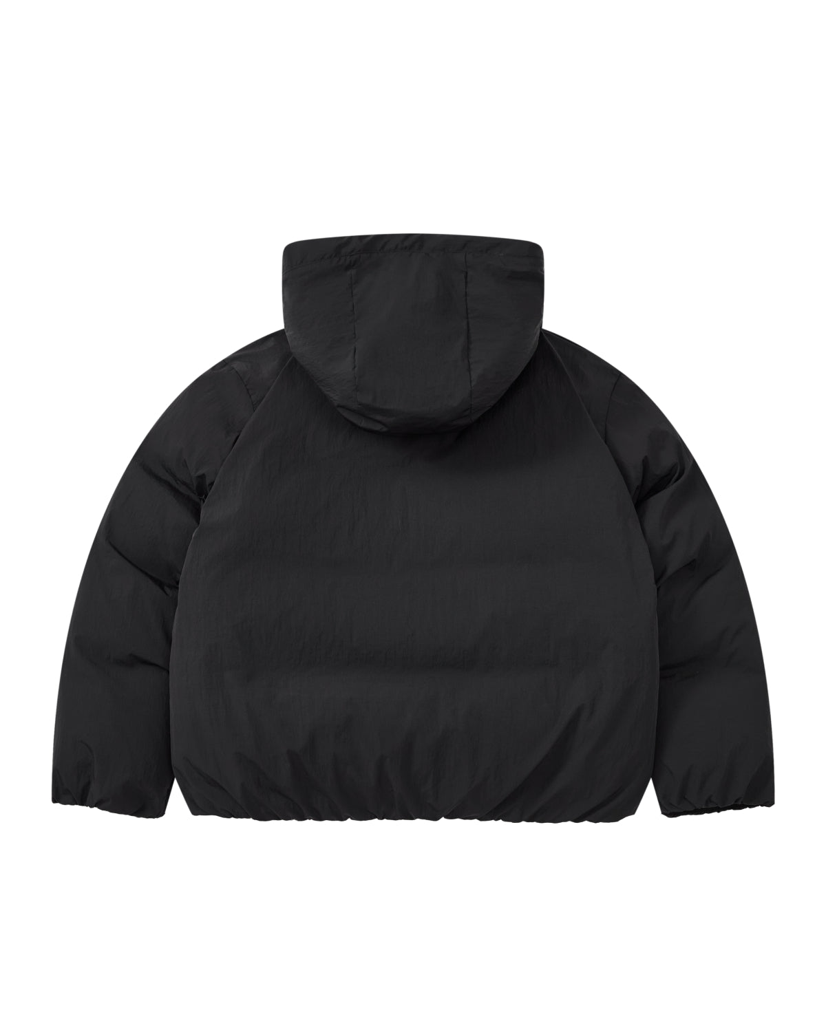The BLACK IBUL DOWN PUFFER by Sundae School is a black cocoon puffer jacket with a detachable hood, shown from the back. The jacket is plain, with no visible logos or designs, and features long sleeves for a sleek, understated look.