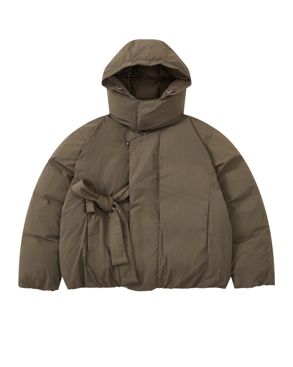 Introducing the DEEP BROWN IBUL DOWN PUFFER from Sundae School—a cocoon-style puffer jacket in deep brown featuring a hood, front zipper, snap buttons, and an asymmetrical tied belt at the waist. This jacket boasts a quilted, padded texture and long sleeves for enhanced warmth.