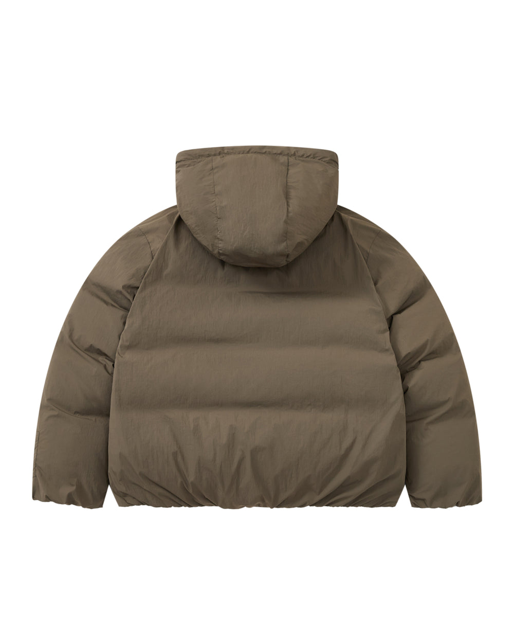 The DEEP BROWN IBUL DOWN PUFFER by Sundae School is an oversized, quilted down jacket with long sleeves and a detachable hood, shown from the back in this image.
