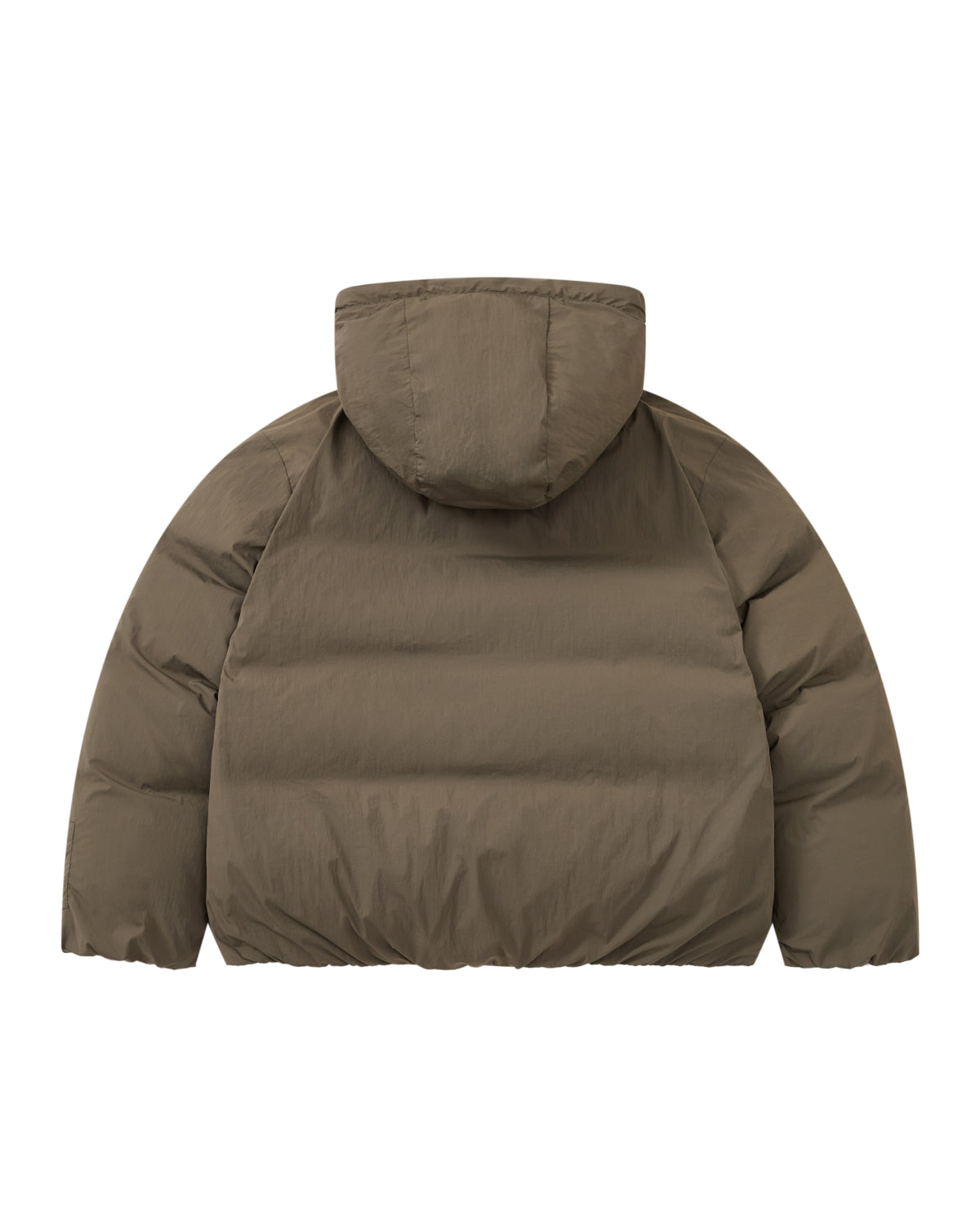 The DEEP BROWN IBUL DOWN PUFFER by Sundae School is an oversized, quilted down jacket with long sleeves and a detachable hood, shown from the back in this image.