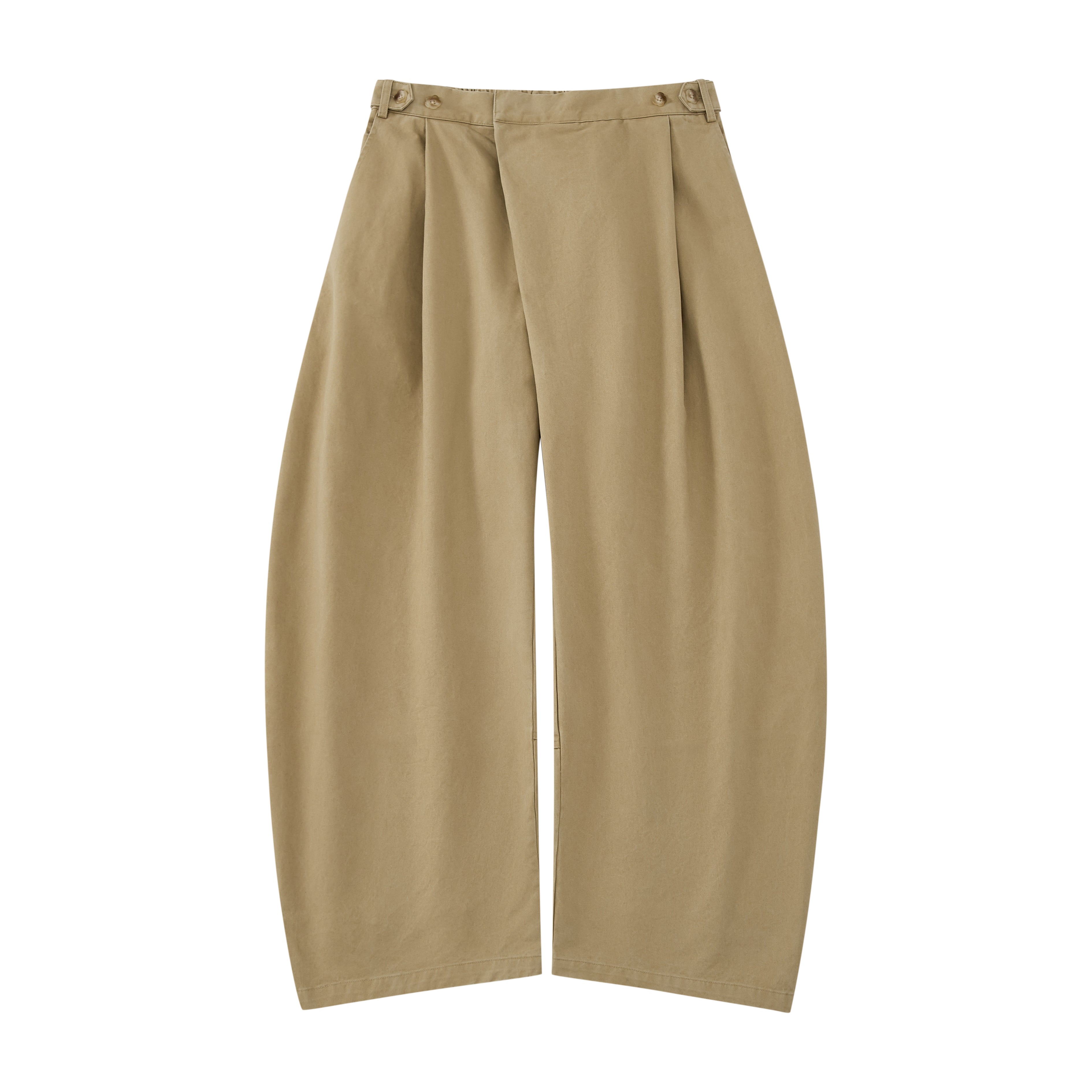 The Tan Hanbok Chino Pants by Sundae School feature a wide-leg, high-waisted barrel-fit chino silhouette with pleats and button details, inspired by classic hanbok styles, shown on a plain white background.