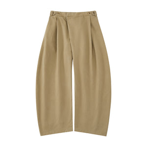 The Tan Hanbok Chino Pants by Sundae School feature a wide-leg, high-waisted barrel-fit chino silhouette with pleats and button details, inspired by classic hanbok styles, shown on a plain white background.
