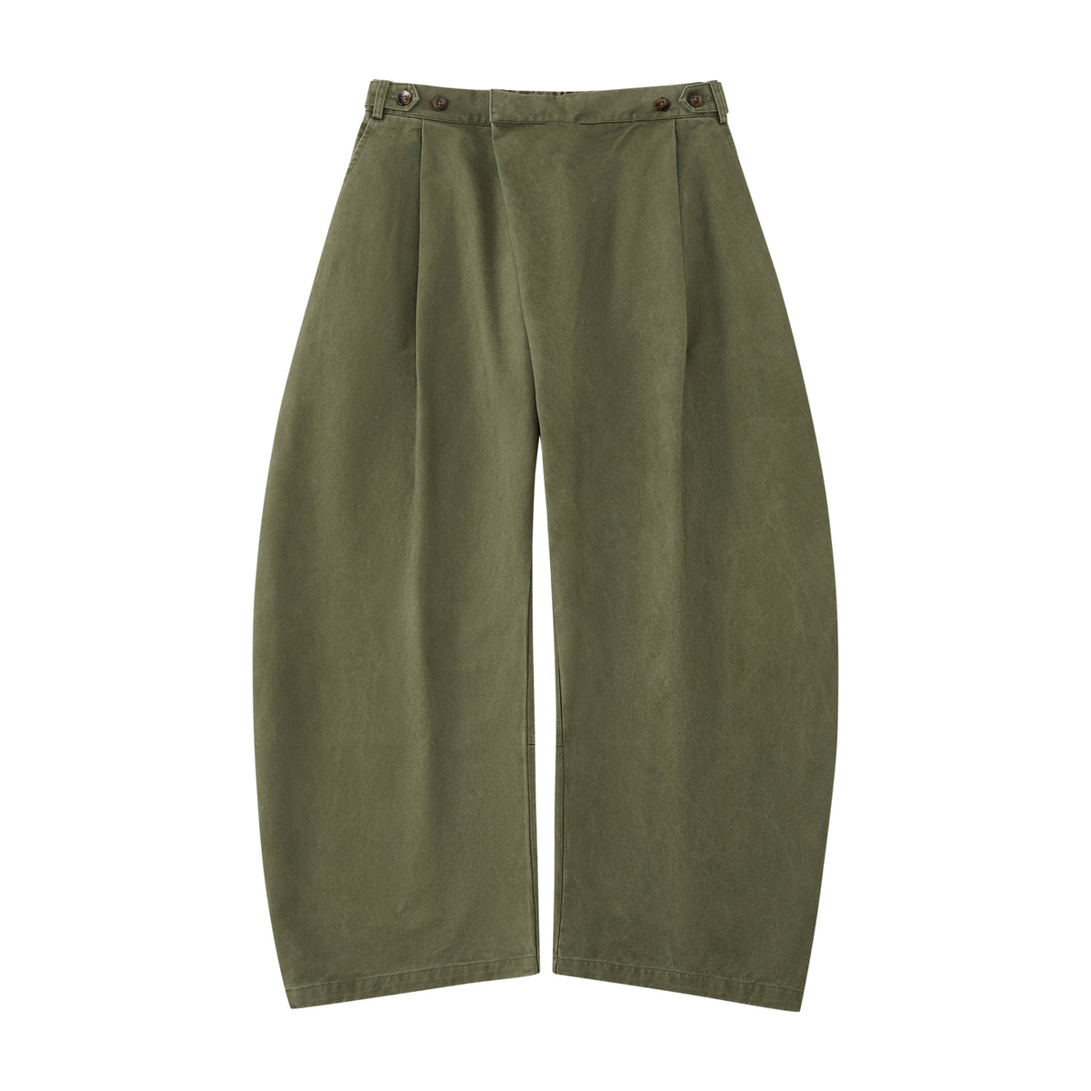 The Olive Hanbok Chino Pants by Sundae School feature a wide-leg, high-waisted barrel-fit chino silhouette with pleats and button details, inspired by classic hanbok styles, shown on a plain white background.