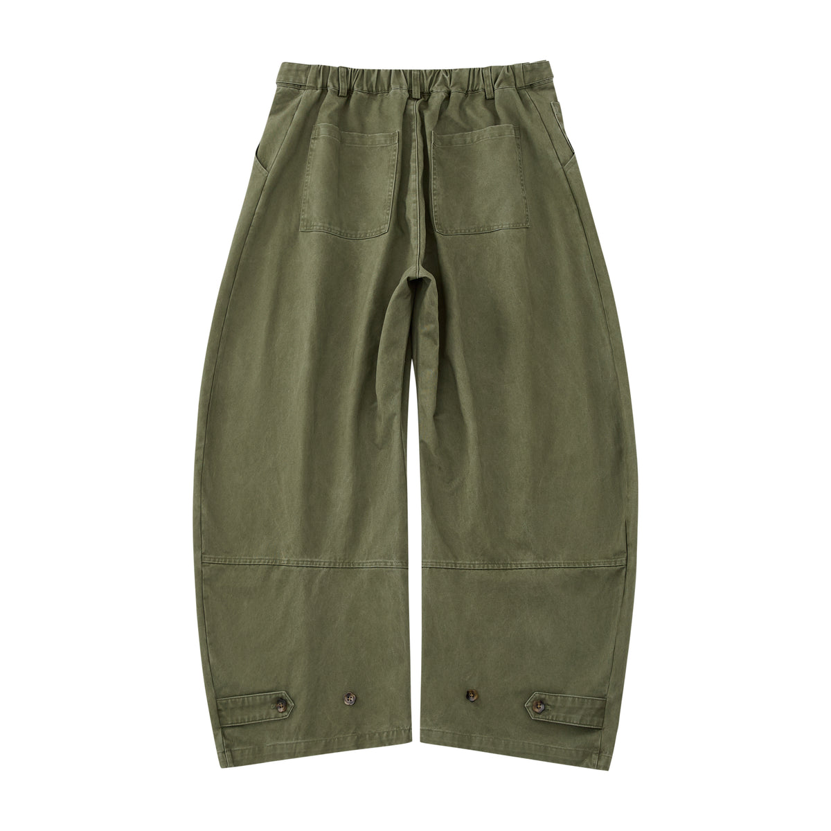 The Olive Hanbok Chino Pants by Sundae School feature a wide-leg, high-waisted barrel-fit chino silhouette with pleats and button details, inspired by classic hanbok styles, shown on a plain white background.