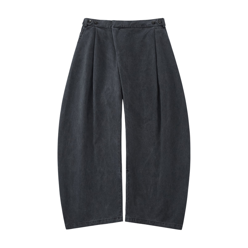 The Charcoal Hanbok Chino Pants by Sundae School feature a wide-leg, high-waisted barrel-fit chino silhouette with pleats and button details, inspired by classic hanbok styles, shown on a plain white background.
