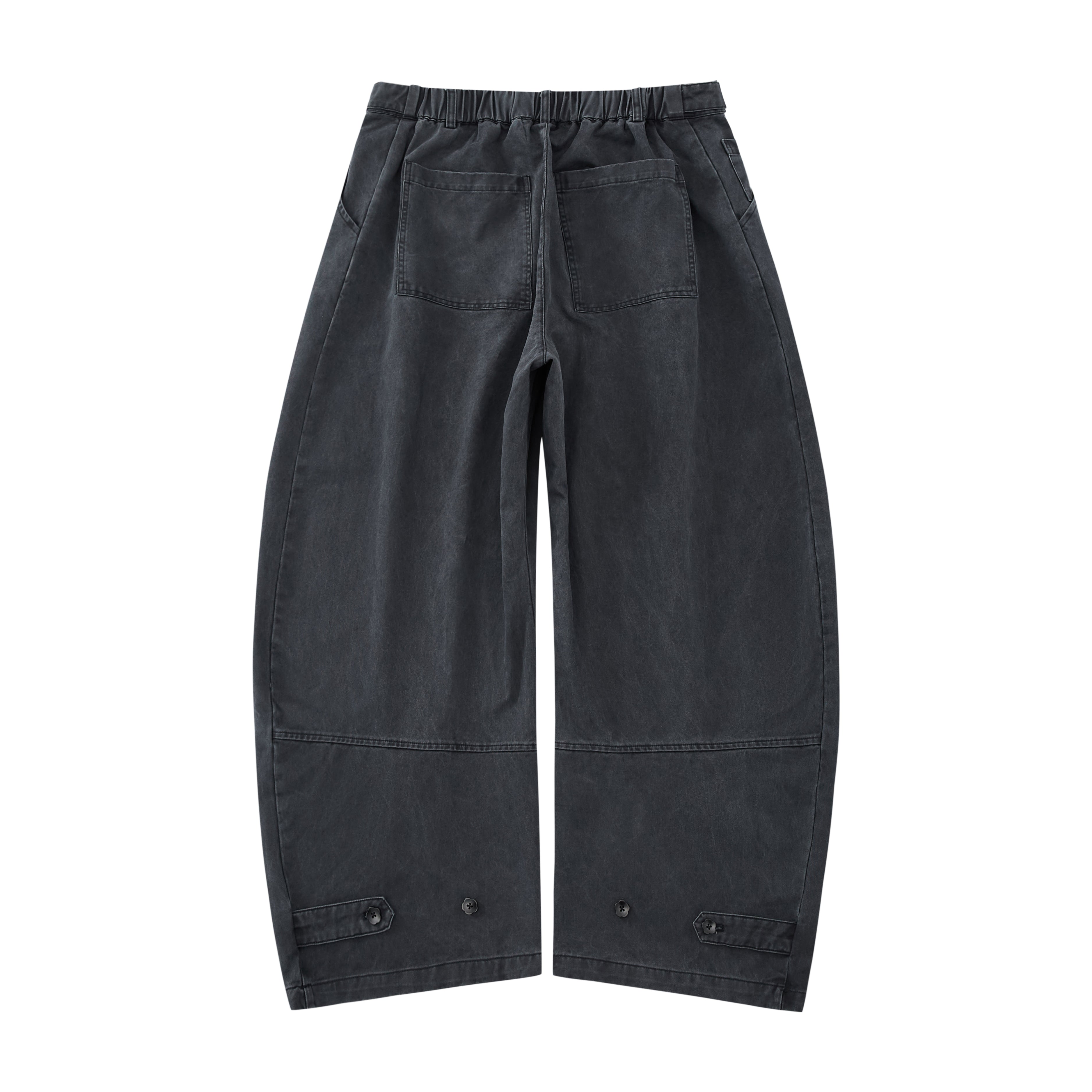The Charcoal Hanbok Chino Pants by Sundae School feature a wide-leg, high-waisted barrel-fit chino silhouette with pleats and button details, inspired by classic hanbok styles, shown on a plain white background.