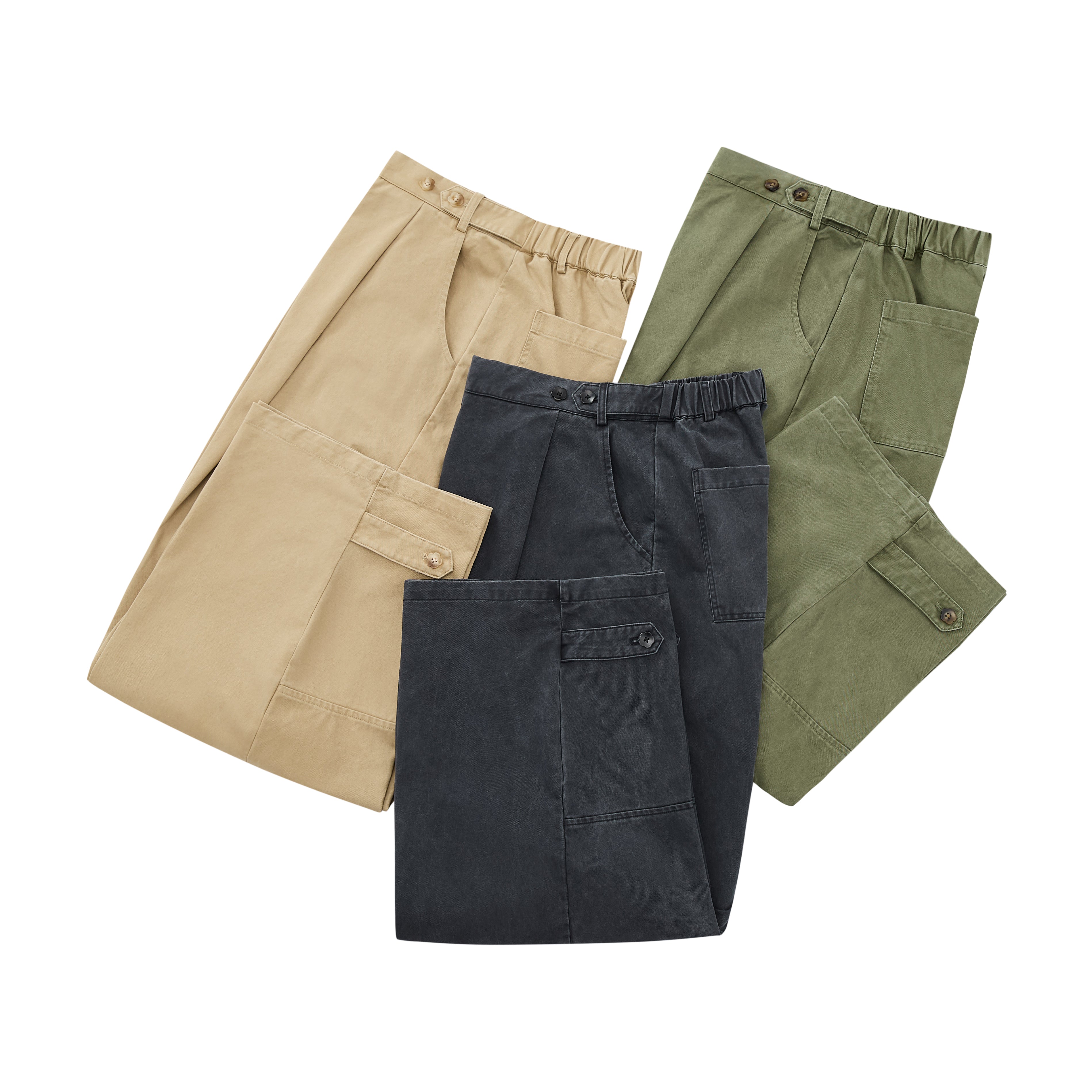 Three pairs of Sundae School HANBOK CHINO PANTS with elastic waists in beige, dark gray, and olive green are laid flat. These barrel-fit pants feature front and back pockets and a hanbok-inspired silhouette.