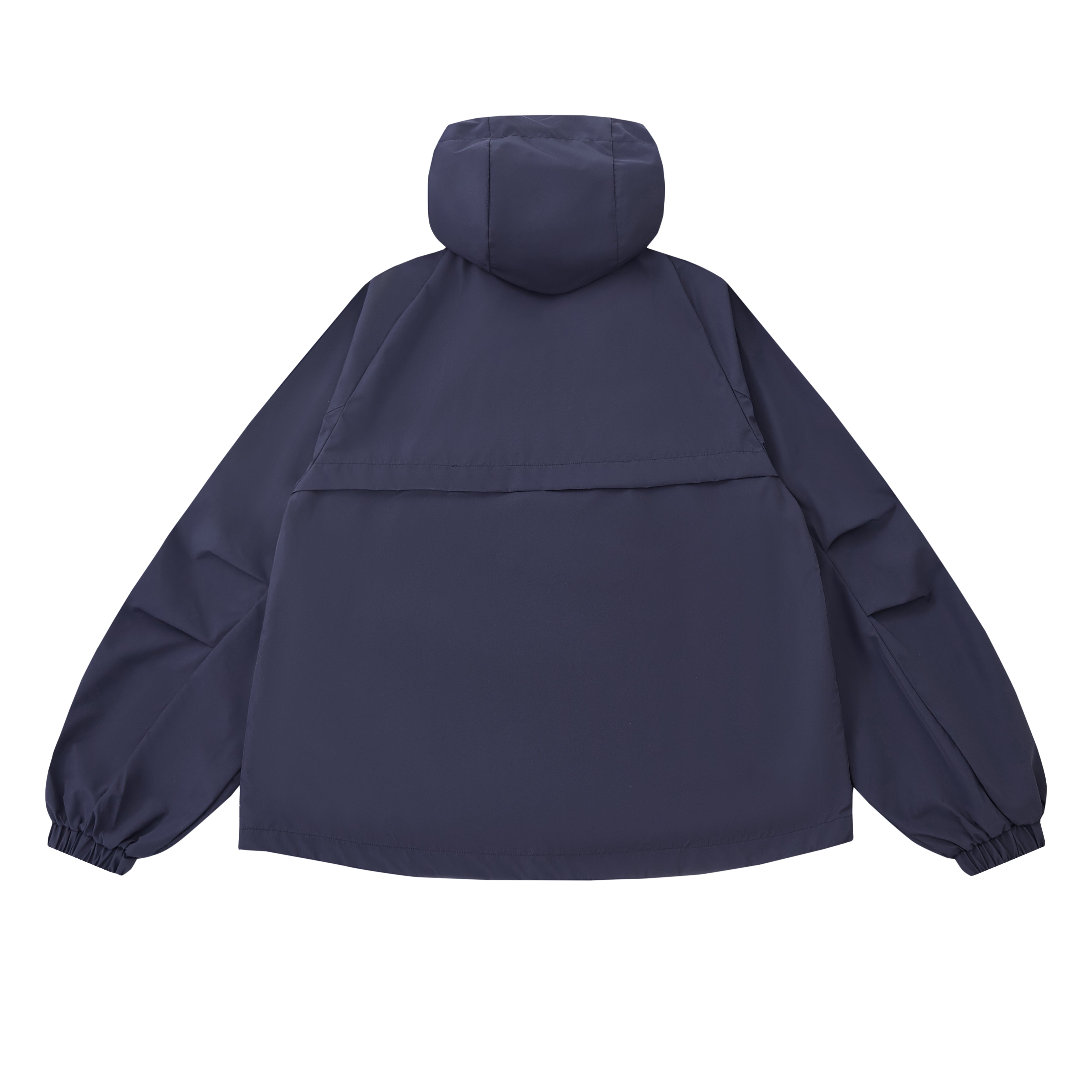 The NAVY JEOGORI TIE SHELL JACKET by Sundae School is a unisex technical outerwear piece in navy blue, featuring a water-resistant shell, elastic cuffs, long sleeves, and a relaxed fit. Shown from the back against a plain light background.