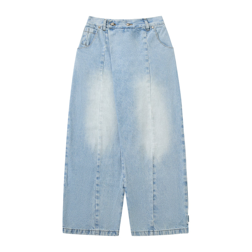 Light wash blue denim cropped pants with a high waist, wide legs, and prominent vertical faded abrasion details on the front, shown flat against a white background.