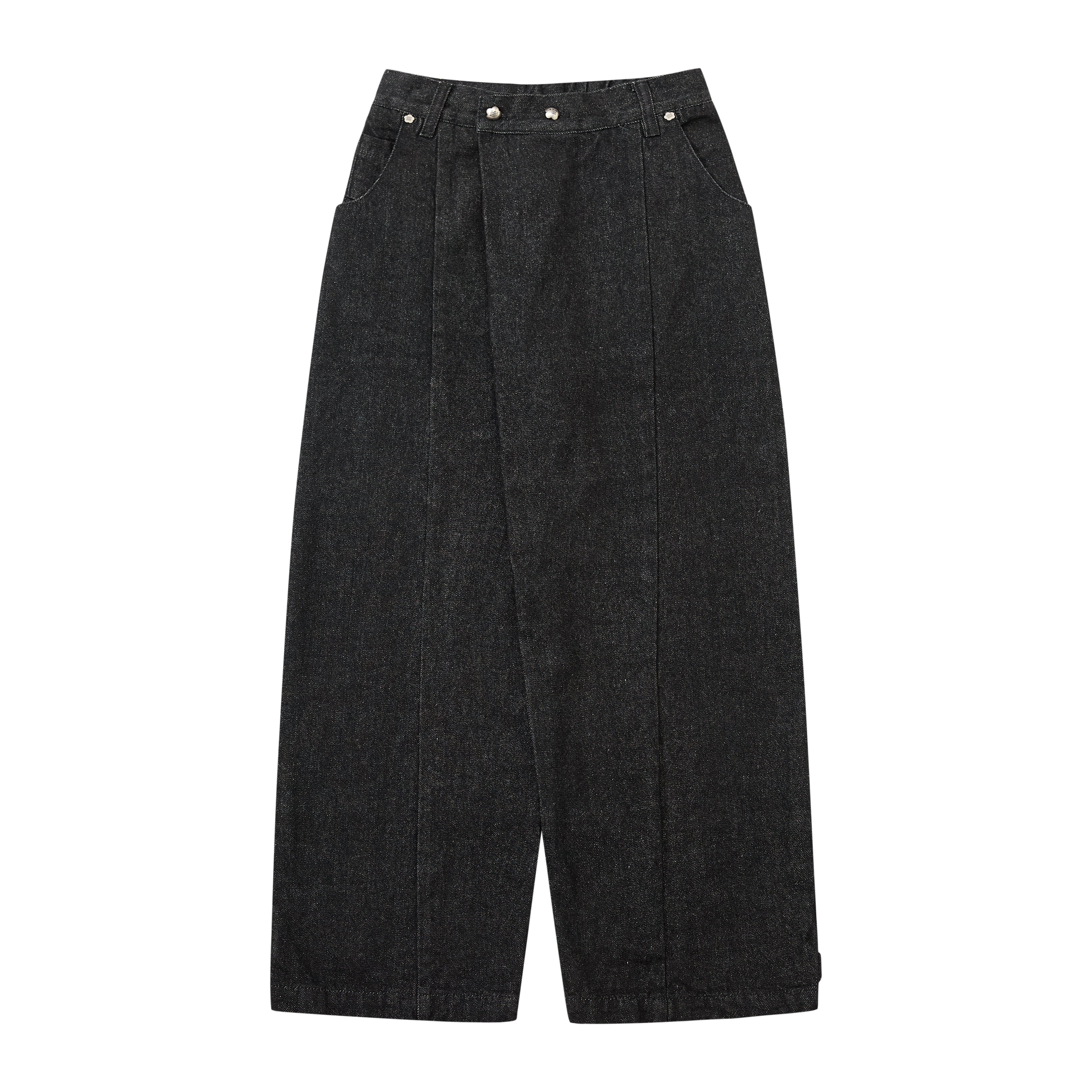 A pair of wide-leg cropped pants in a dark charcoal gray denim-like fabric, featuring a wrap-style front closure with silver metal snaps, side pockets, and a relaxed straight-leg silhouette.