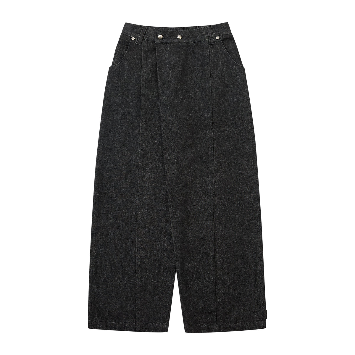 A pair of wide-leg cropped pants in a dark charcoal gray denim-like fabric, featuring a wrap-style front closure with silver metal snaps, side pockets, and a relaxed straight-leg silhouette.