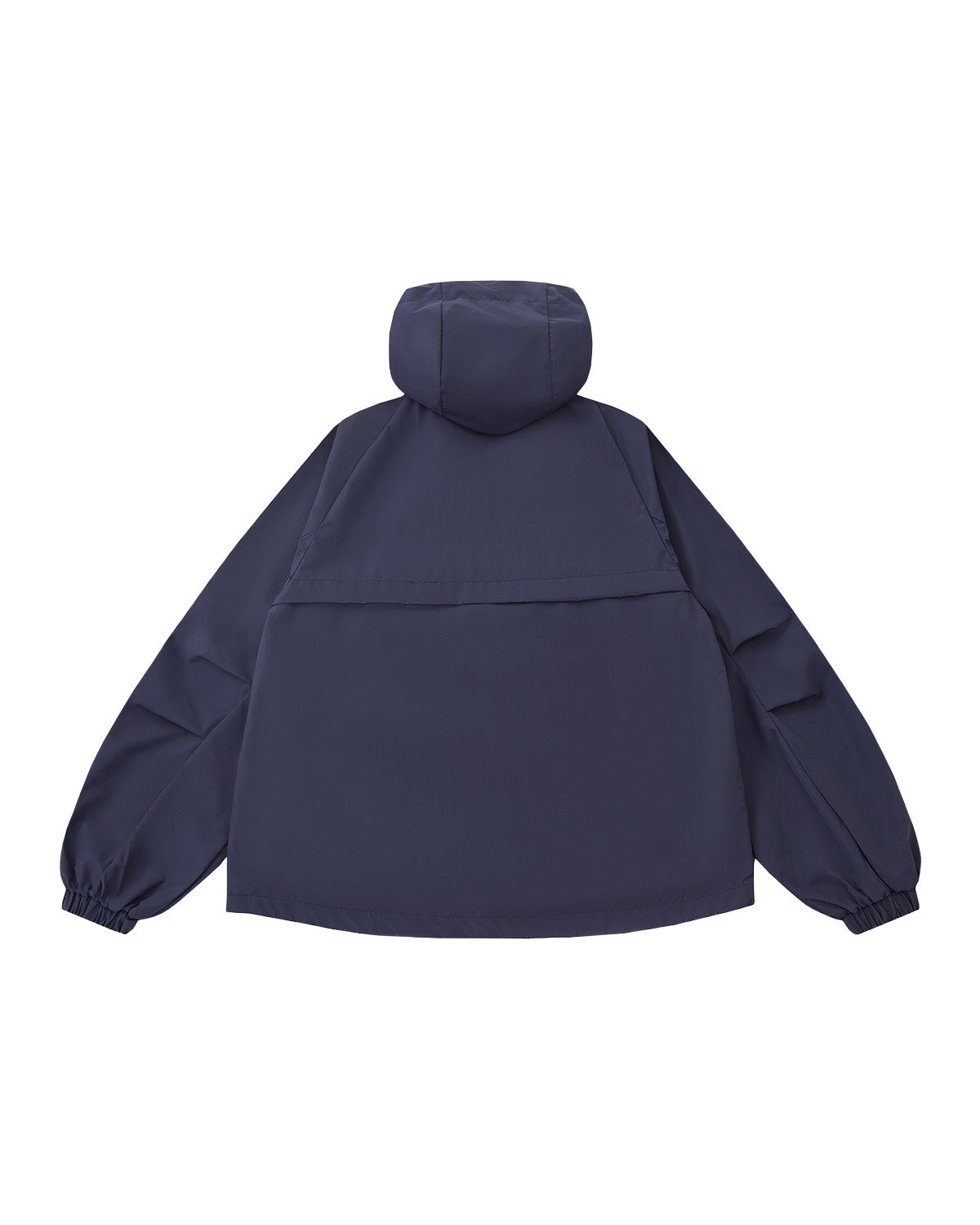 The NAVY JEOGORI TIE SHELL JACKET by Sundae School is a unisex technical outerwear piece in navy blue, featuring a water-resistant shell, elastic cuffs, long sleeves, and a relaxed fit. Shown from the back against a plain light background.