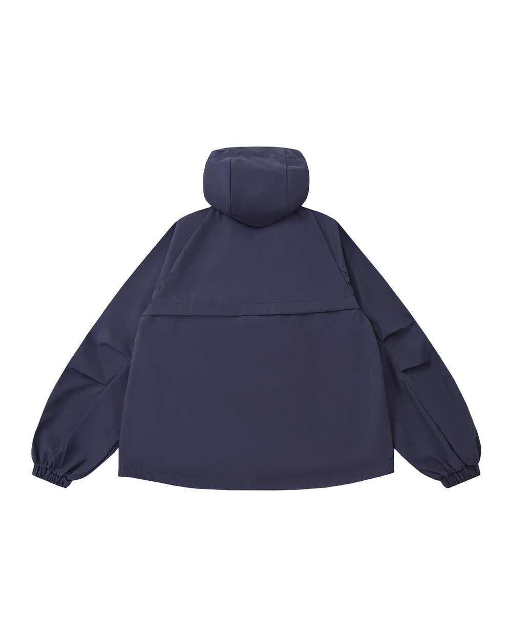 The NAVY JEOGORI TIE SHELL JACKET by Sundae School is a unisex technical outerwear piece in navy blue, featuring a water-resistant shell, elastic cuffs, long sleeves, and a relaxed fit. Shown from the back against a plain light background.