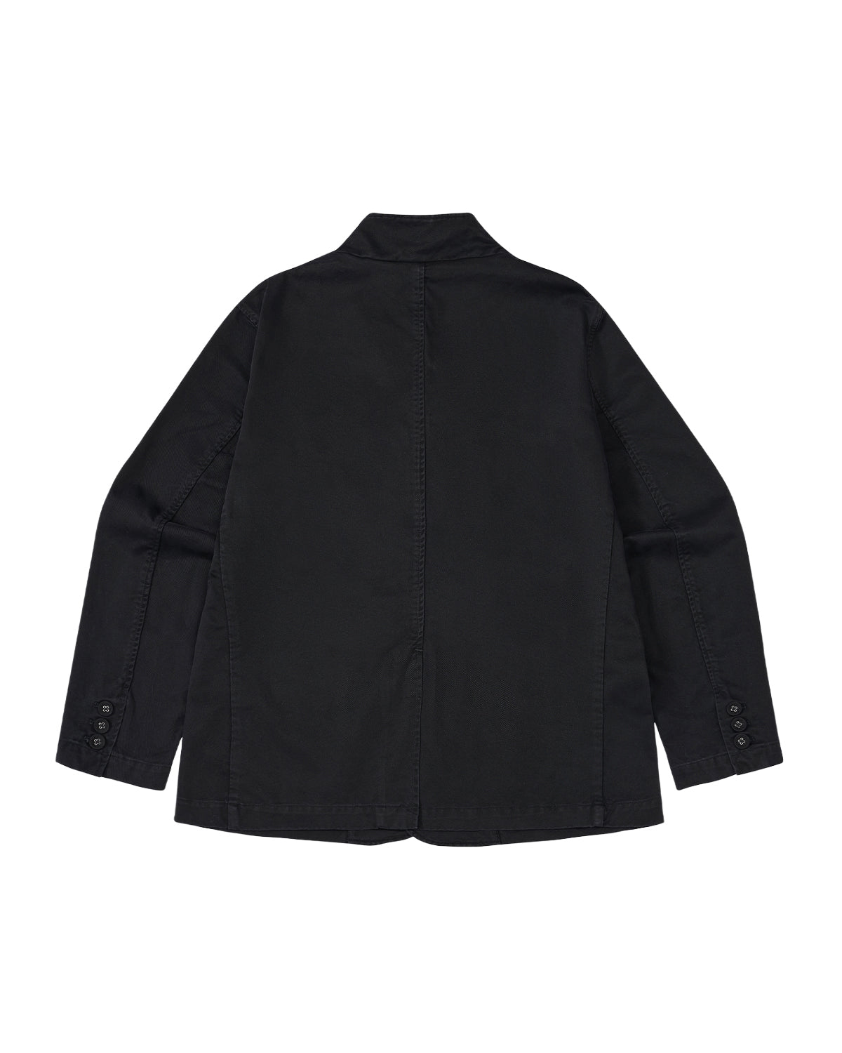 The BLACK JEOGORI TIE JACKET by Sundae School is displayed from the back against a plain white background, showcasing its central seam, monk collar jeogori design, and buttoned cuffs.