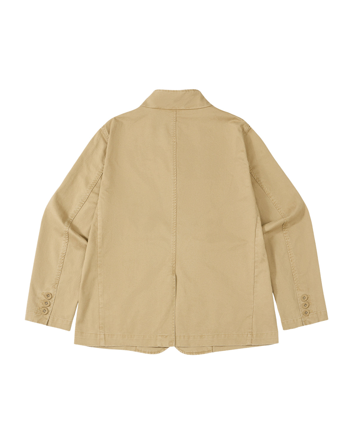 The TAN JEOGORI TIE JACKET by Sundae School is displayed flat in a back view, showcasing its beige color, classic collar inspired by traditional monk collars, buttoned sleeve cuffs, and visible seam stitching—making it an ideal choice for summer suiting.