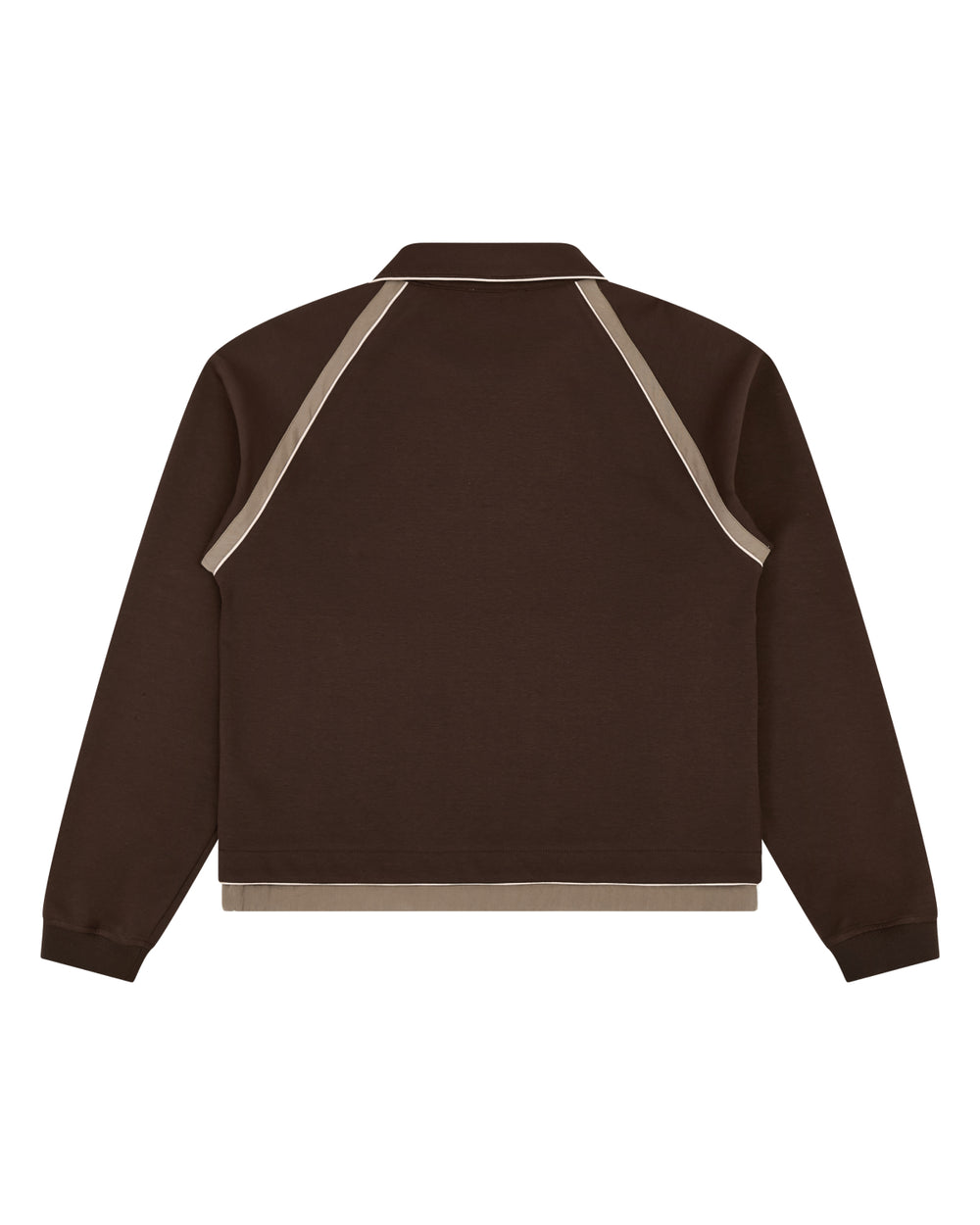 Back view of the BROWN PALISADE PARK TRACK JACKET by Sundae School in dark brown, featuring long sleeves and beige trim along the shoulders, hem, and collar. The jacket has a simple, unembellished design with a straight silhouette and subtle contrast fabric accents.