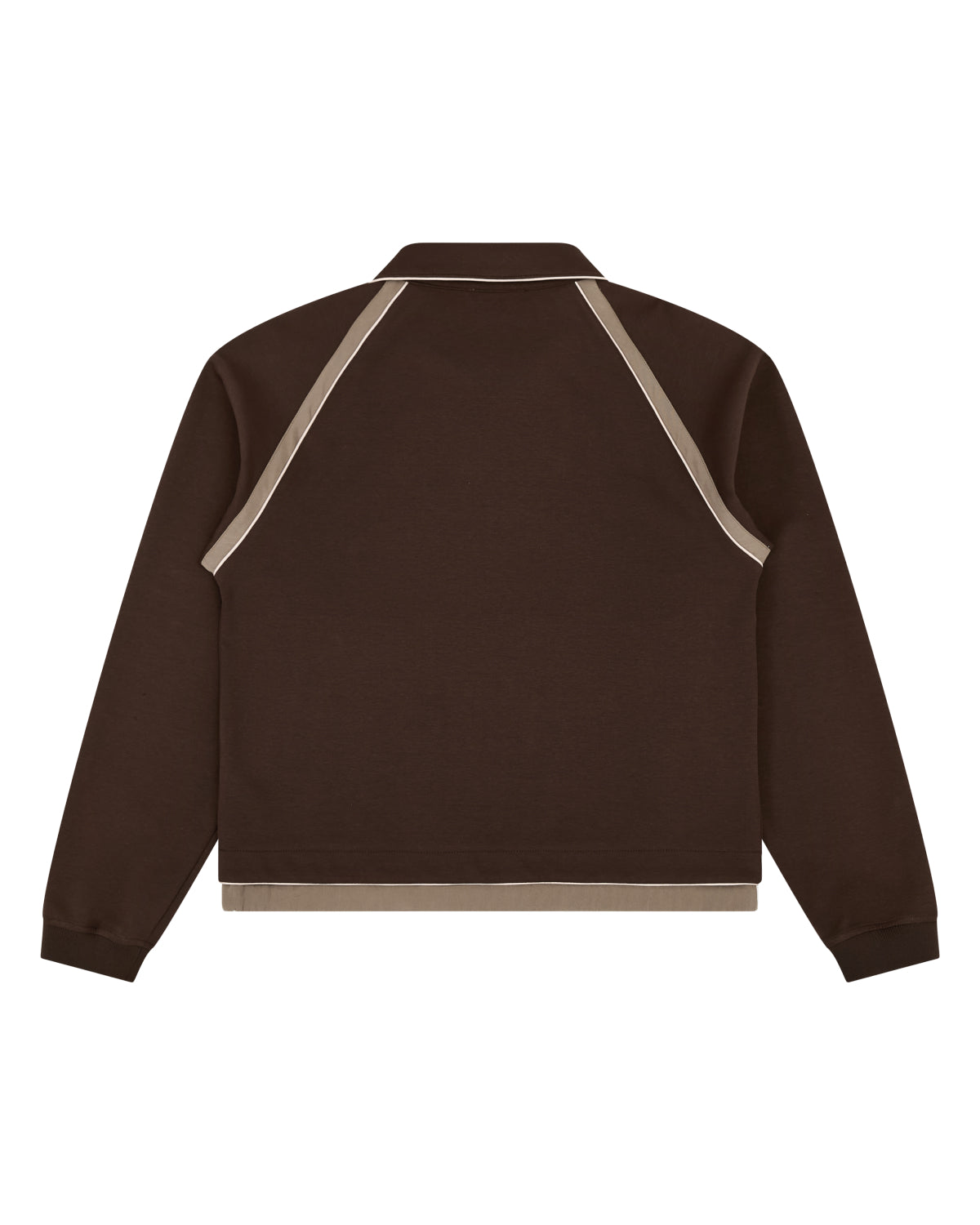 Back view of the BROWN PALISADE PARK TRACK JACKET by Sundae School in dark brown, featuring long sleeves and beige trim along the shoulders, hem, and collar. The jacket has a simple, unembellished design with a straight silhouette and subtle contrast fabric accents.