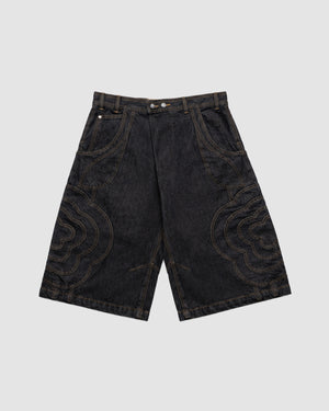 The BLACK JORTS JOONIVERSE by Sundae School are wide-leg black denim shorts featuring side stitch patterns, front pockets, belt loops, and a button-zipper closure, shown on a light gray background.