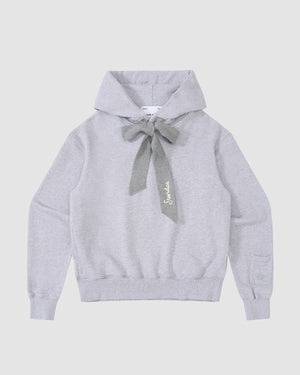 The Sundae School HEATHER GREY KNIT TIE HOODIE is a heavyweight brushed cotton hoodie with a large neck bow, "Sundae" chainstitch embroidery, ribbed cuffs and hem, and a small sleeve pocket.