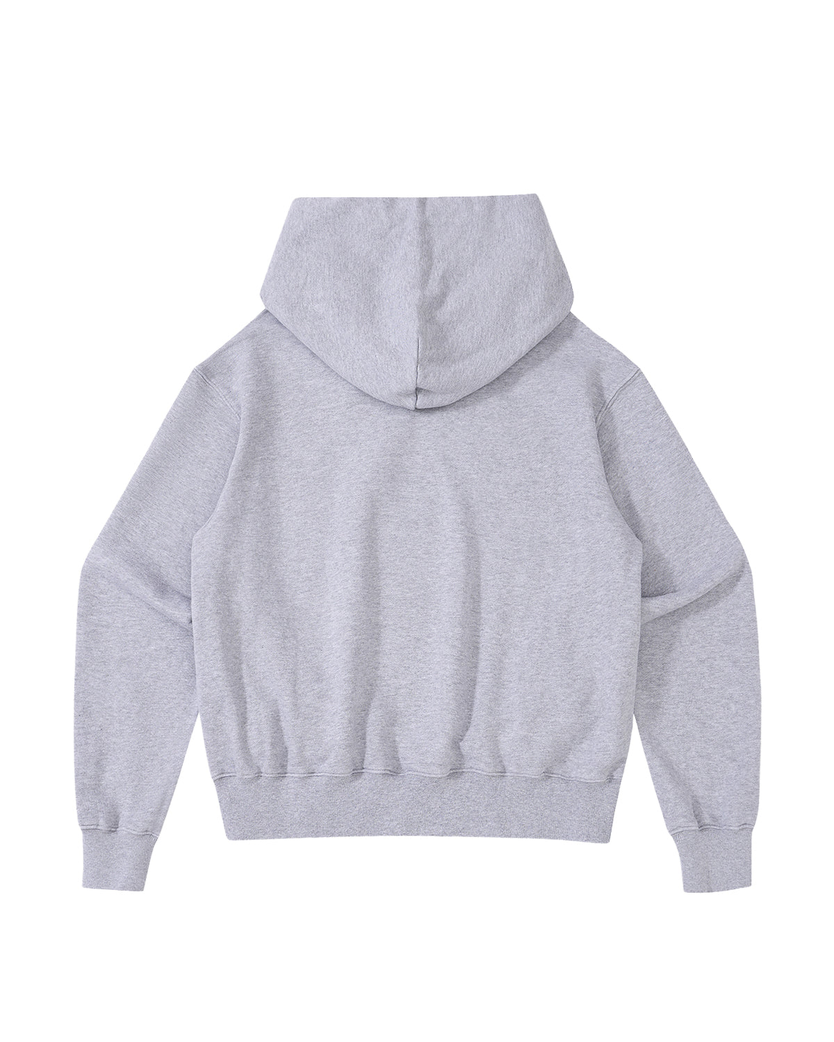 The Sundae School HEATHER GREY KNIT TIE HOODIE is shown from the back in a light heather gray shade. This heavyweight hoodie features long sleeves, ribbed cuffs, and a ribbed waistband. Crafted from brushed cotton for added comfort, it offers a classic unisex fit.
